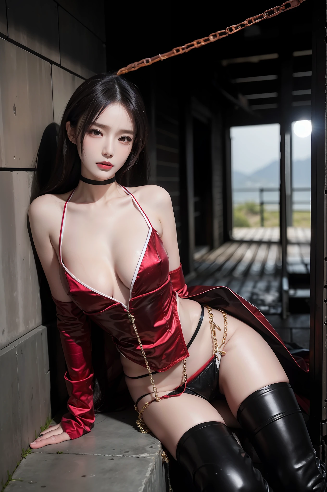 - [ ] photo, Sharpness, unique 850 4, Koda850 k portrait camera, F1.6 lens, ultra-realistic textures, spectacular light textures, Cinestil 800 fashion mechanics, Beautiful girl with accentuated slender abs: 1.4, (((the tip is protruding, the areola protrudes, the shape of the pubic area is clearly visible)), Six Pack Abs: 1.4, Bust Botox,  ((a beautiful Japanese girl straddling the iron bar)), standing on tiptoe, ((wearing a torn sheer costume of a superheroine)),(no panties, no bra)), wet crotch, wet thighs,(futuristic sci-fi battle fashion, elbow and knee cyberpad, cyber long boots, cyberglove: 1.1), (tied perfectly by chain), restraint, slave, collars, contempt, (((tears flow, cry with pain)), sweating, ((wide prison with sunlight)), dark fantasy, peeling of the ceiling, broken slabs, rebar between cracks, realistic material details, extreme details, ultra-realistic materials, broken walls, ((torn costume))), wet, cloudy, (chained)), ((big emphasized by chains)), ((chains digging into the crotch)), ( (hands tied behind the back, invisible hands)), (no panties, no bra), shredded costumes, broken golden shields and battle spears, long combat boots with white knee pads, white combat gloves, combat shoulder armor, junkyard, blood splattered on the face, blood splattered, realistic, (bruises, dirty, ripped clothes, skimpy clothes, blood: 1.3), brown hair, long hair, torn cloak, Torn pantyhose, long legs, ((iron pipe in the crotch)), metallic shackles and fetters, ((4 chains hung from heaven)), wet crotch clearly visible, sword and shield made of Swarovski at the feet, anatomical, (futuristic sci-fi battle fashion, cracked elbow and knee cyberpads, torn cyberlong boots, torn cybergloves: 1.1), (((両手首と左脚が縛られたY字バランスのポーズ)))、((左脚が膝を曲げずにまっすぐ上に伸びている)) 、蜘蛛の巣の様な鎖の背景、広大な牢屋、鎖で縛られた手枷と足枷、放射状に伸びた10本の鎖で繋がれている、拘束、奴隷、首輪、軽蔑、((涙が流れる、痛みで泣く))、発汗、((日光のある広い刑務所))、ダークファンタジー、天井の剥がれ、スラブの破損、亀裂間の鉄筋、リアルな素材の詳細、 極端なディテール、超リアルな素材、壊れた壁、(((引き裂かれた衣装)))、
