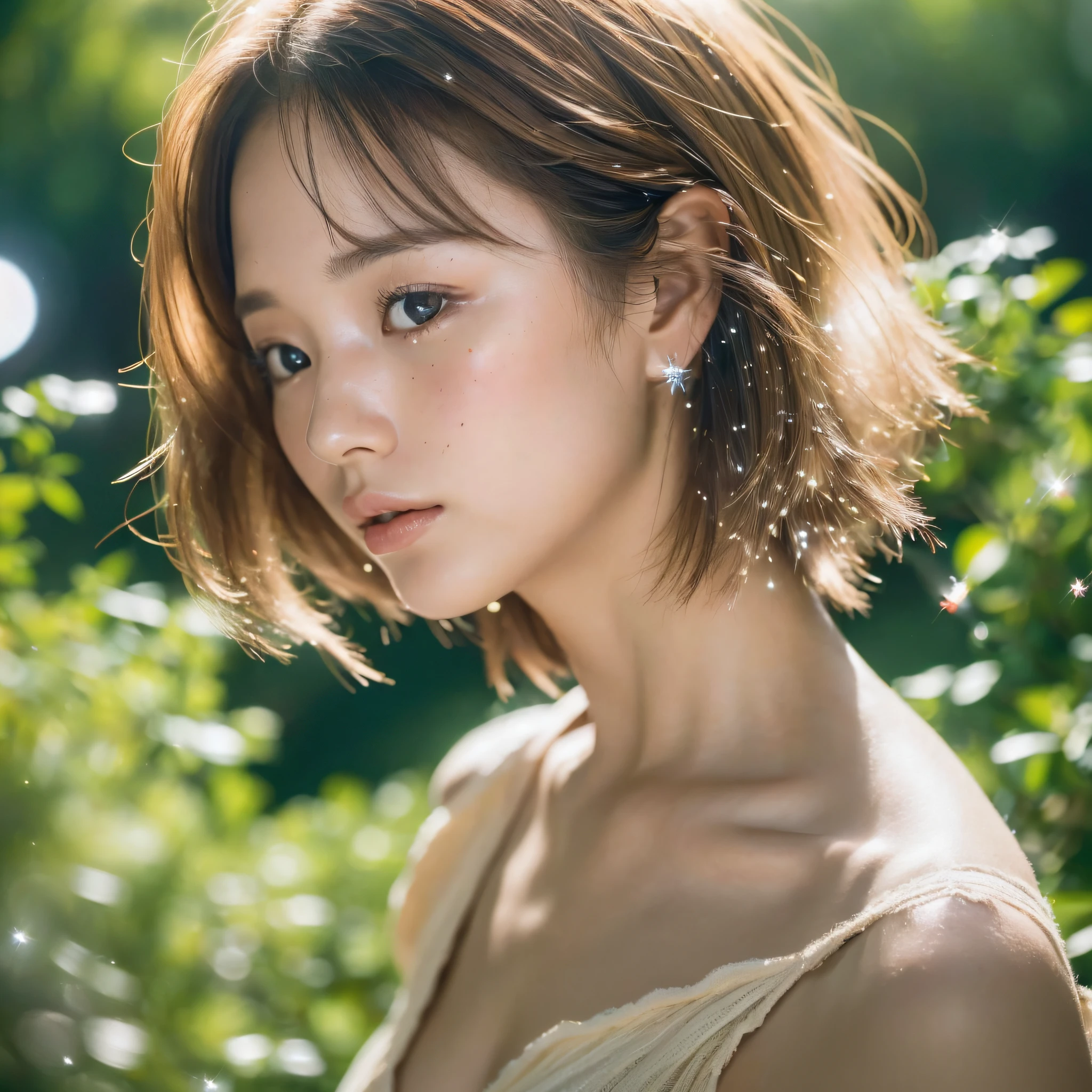 David Hamilton style, Japan woman, 20 years old, heartbroken, sunny, evening, forest, from head to toe, small breasts, barefoot, medium flesh medium tall, very short hair, lips are thin, lips color is also light, tears in the eyes, eyes are small, eyes are frontal, profile, black hair, less freckles, contrast shallow ((((very beautiful portrait)), (sparkling skin)), RAW photos, (masterpiece, highest quality, Hyper Detail, Cinema Lighting, Intricate Detail, High Resolution, 8K, Very Detailed), Detailed Background, 8K UHD, DSLR, Soft Lighting, High Quality, Film Grain, ORIMPUS OMD, Shallow Depth of Field, Natural Light