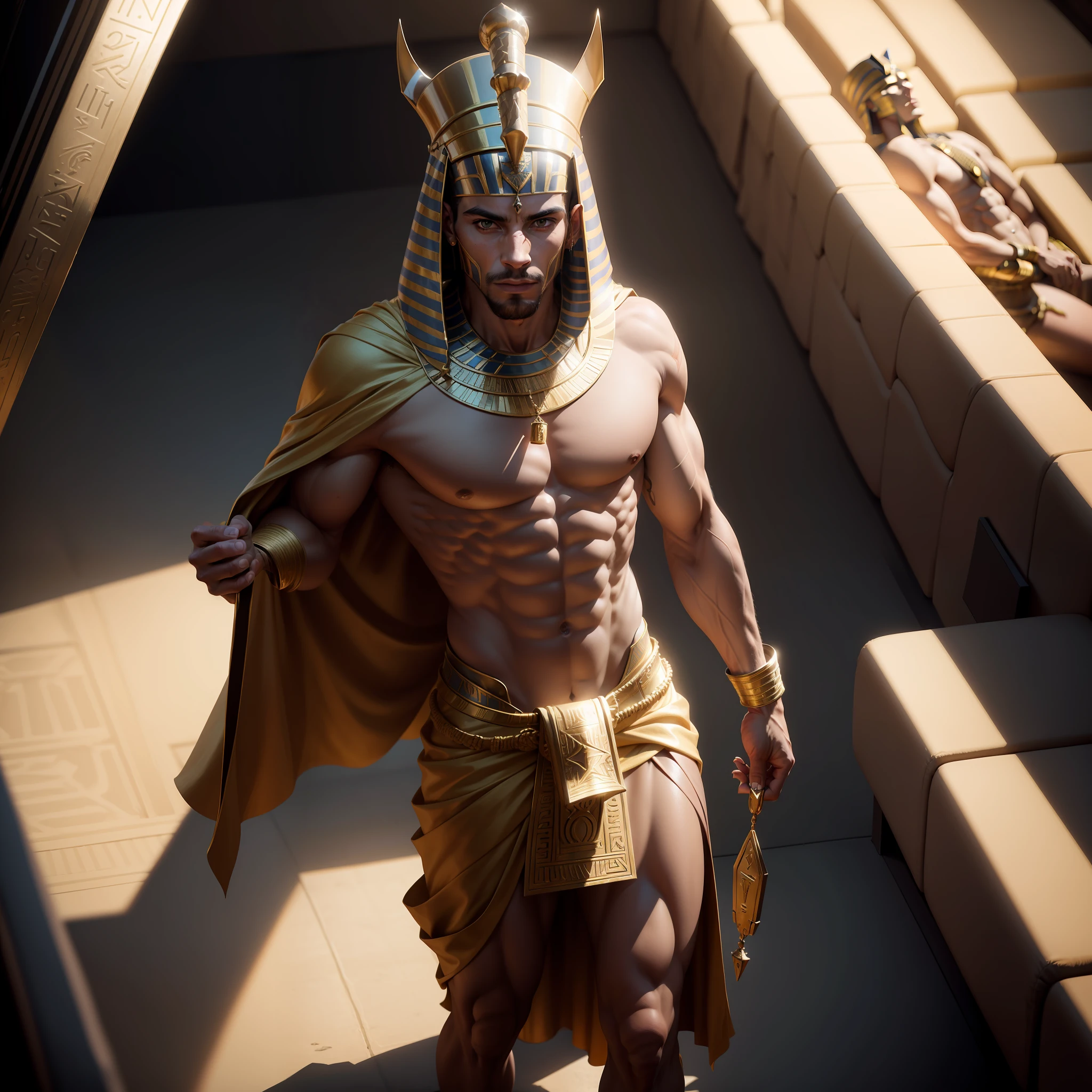 Man dressed as a pharaoh, athletic, with very little clothing, inside an empty movie theater, hyperrealistic, 4k, 8k, detailed