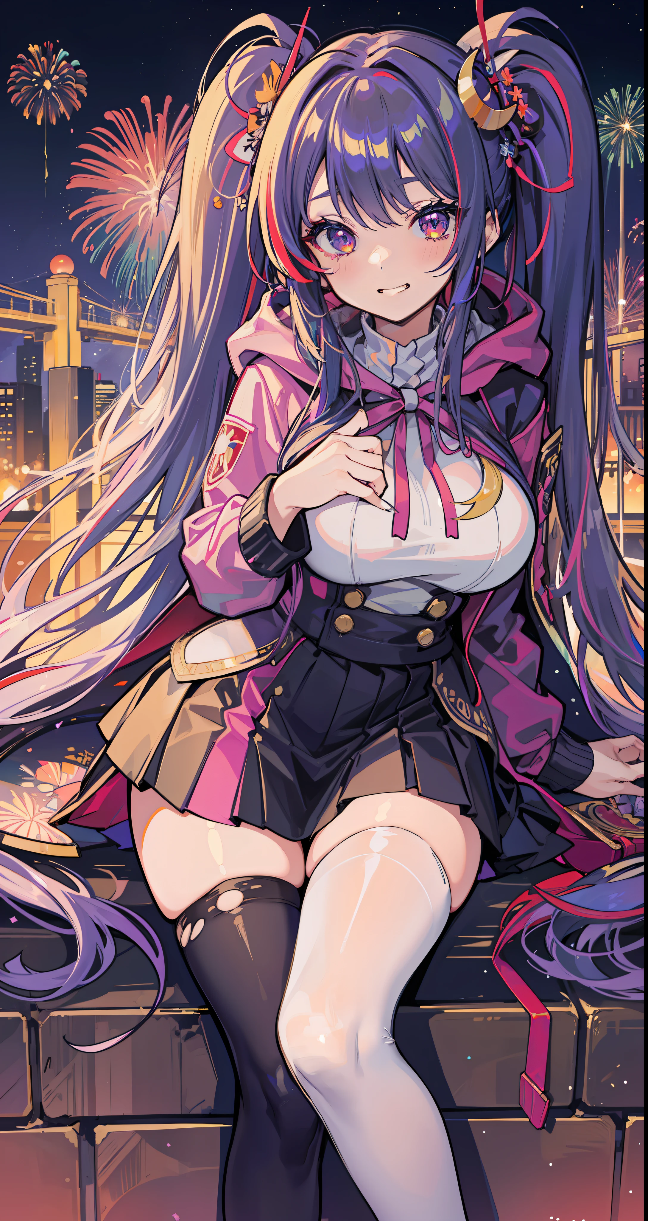 masterpiece, best quality, fireworks, the top of the hill, night, game_cg, ojousama, absurdly long hair, gradient hair, multicolored hair, straight hair, side braid, twintails, braided bangs, hair over breasts, hair flower, crescent hair ornament, gradient_eyes, beautiful detailed eyes, looking at viewer, grin, naughty_face, large breasts, hoodie , miniskirt, white legwear, torn pantyhose, yokozuwari, skirt lift,