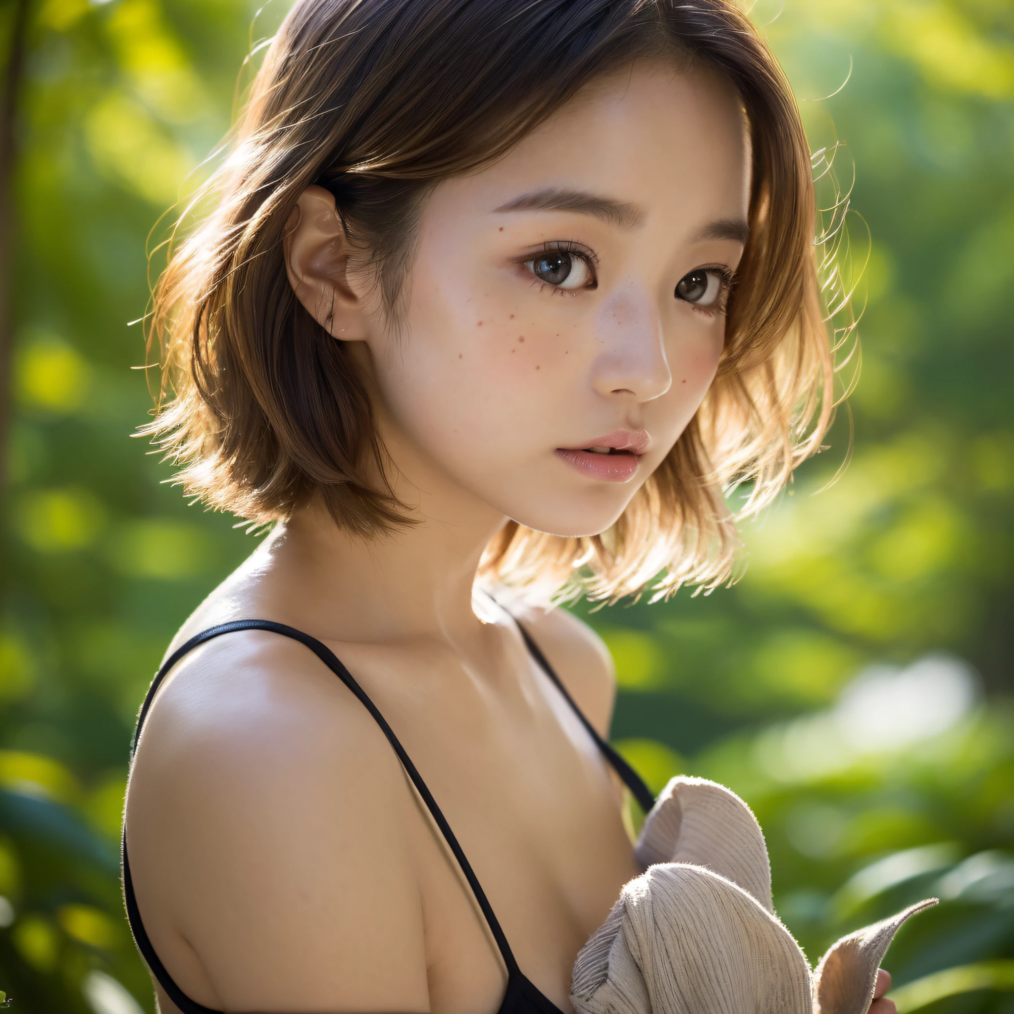David Hamilton style, Japan woman, 20 years old, happy everyday, sunny, evening, forest, walking, turning around from backwards, head to toe, beautiful breasts, pigeon breast, barefoot, medium meat, very short hair, lips thin, lips color is also light, tears in the eyes, eyes are small, profile, black hair, less freckles, contrast shallow ((((very beautiful portrait)), ((glowing skin)), RAW photos, ( Masterpiece, Top Quality, Hyper Detail, Cinema Lighting, Complex Detail, High Resolution, 8K, Very Detailed), Detailed Background, 8K UHD, DSLR, Soft Lighting, High Quality, Film Grain, ORIMPUS OMD, Shallow Depth of Field, Natural Light