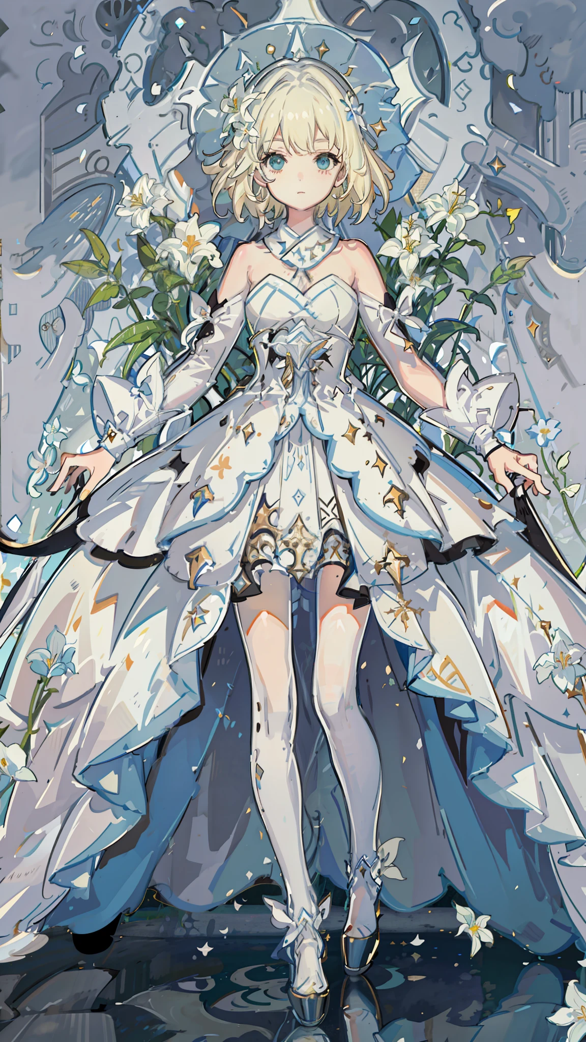 absurdres, masterpiece, best quality, ultra-detailed illustration, (1giel:1.3), absurdres high detailed face, short blonde hair, white dress clothes with blue and gold details, standing in a flower field with white lilies, lots of white flowers on background and foreground, depth of field, at night, starry sky