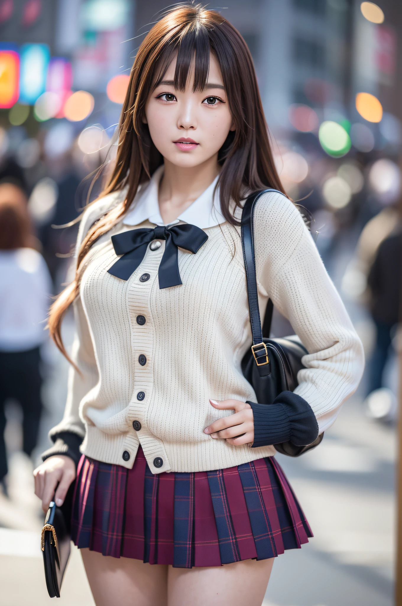 Ultra top quality, masterpiece, ultra high resolution, (photorealistic: 1.4), highly detailed CG Unity 8k wallpaper, detailed and complex, original, high resolution, raw photo, (perfect body shape), fine and complex, DSLR, soft lighting, high quality, film grain, depth of field, FUJIFILM XT3, 50mm lens, backlight, HDR, hyperreal, color grade, dynamic pose, portrait, Japan person, smile, lips, bangs, (crowded akihabara: 1.2), front view viewer, natural light, girl, 20 years old, full body, solo, student, high school, uniform, sailor color, bobby socks, pleated skirt, daytime, on the street, deep shadow, cute, beauty, discreet, cold light 12000K\\ street, store status, Akihabara, Shinjuku, Shibuya, Ikebukuro, detailed realistic, detail, skin texture, ultra detailed, realistic skin texture, (dramatic, award-winning photos, incredible masterpieces: 1.3)