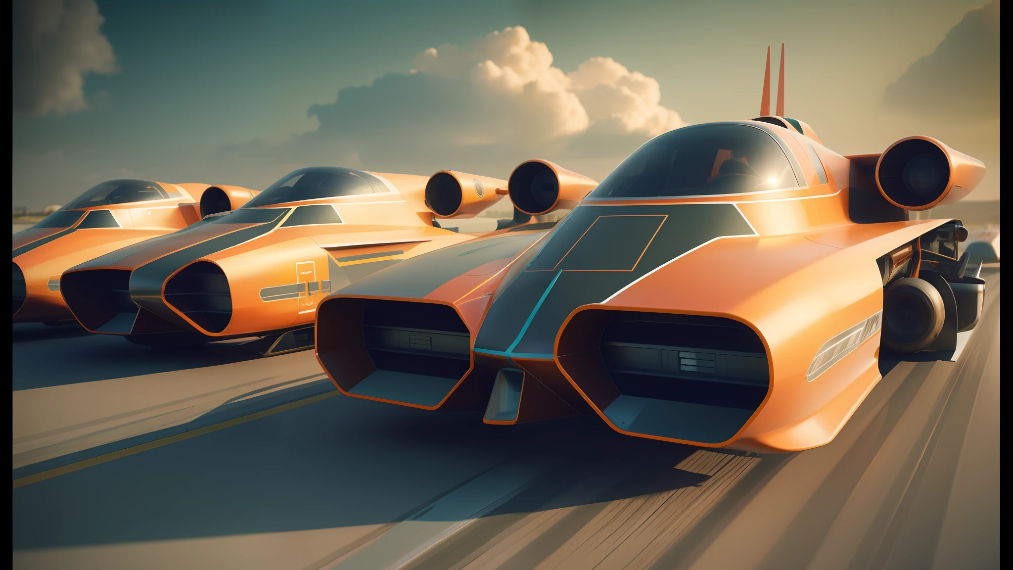 there are four orange airplanes lined up on the runway, ryan glitter concept artist, trending on zbrush, 1 9 7 0 s sci - fi, trend on behance 3d art, concept car, panoramic anamorphic, by Robbie Trevino, beautiful sci - fi twins, 1 9 5 0 s scifi, speeder, 3 dmax, afro futurism, alejandro olmedo