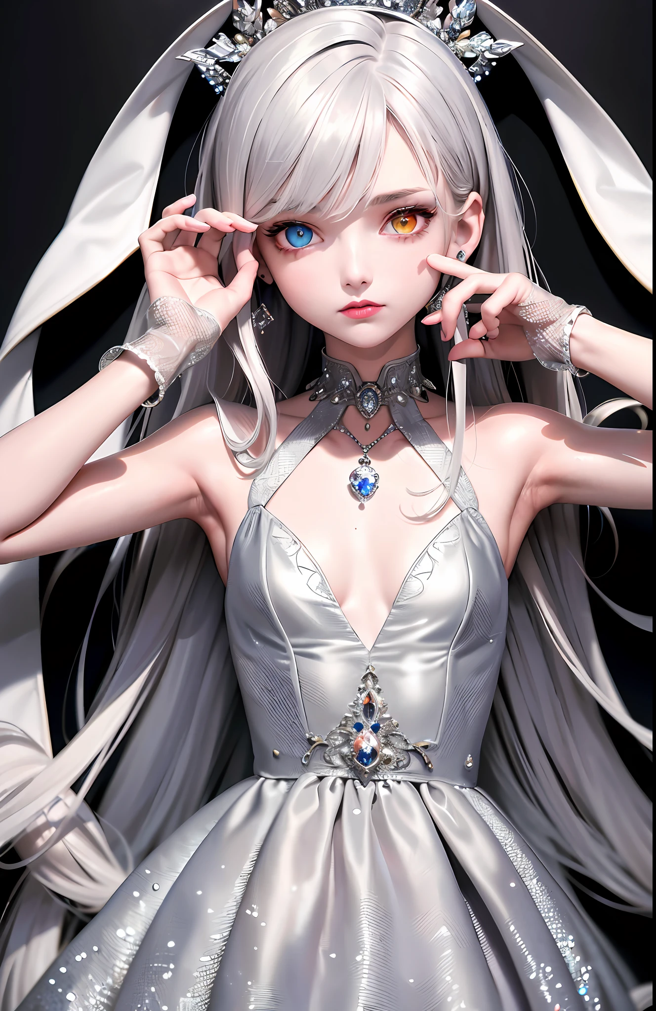 Best, Masterpiece, High Resolution, Best Quality, Ultra HD, Super Detail, Award-Limited, 16k, (Upper Body), Beautiful Girl, Gray Hair, Hair Strands, ((Heterochromia)), Hanging Eye Corners, Fair Skin, (Small), (Slim Body), ((Priestly Dress)), Stud Earrings, (Neck Rings), (Very, Very Short Gloves)