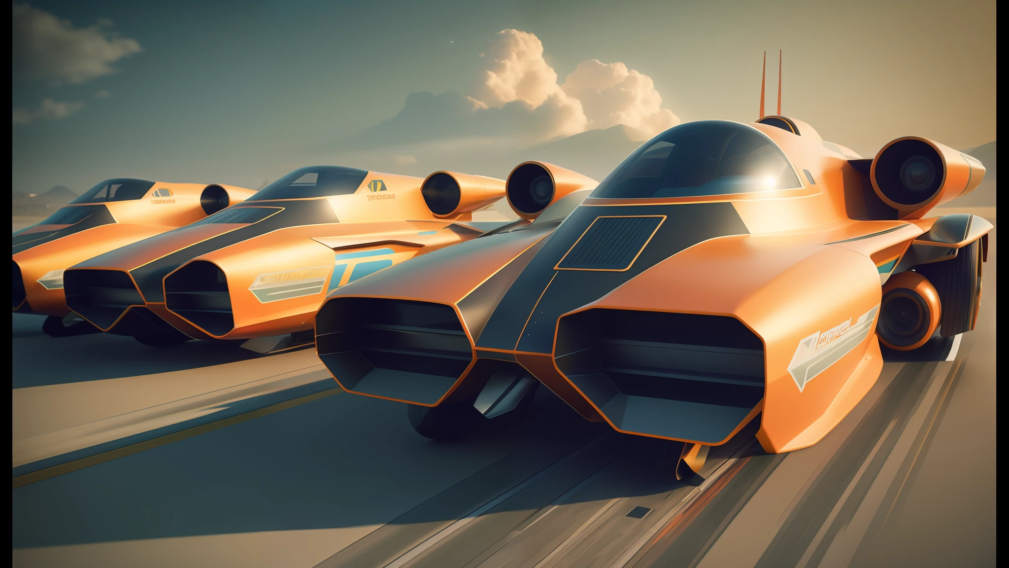 there are four orange airplanes lined up on the runway, ryan glitter concept artist, trending on zbrush, 1 9 7 0 s sci - fi, trend on behance 3d art, concept car, panoramic anamorphic, by Robbie Trevino, beautiful sci - fi twins, 1 9 5 0 s scifi, speeder, 3 dmax, afro futurism, alejandro olmedo