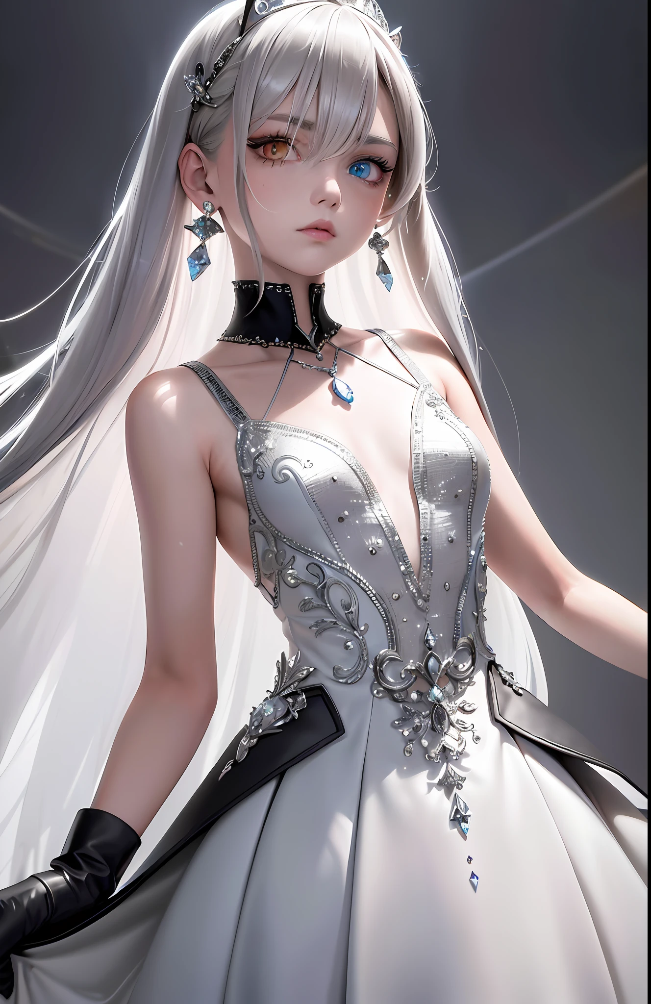Best, Masterpiece, High Resolution, Best Quality, Ultra HD, Super Detail, Award-Limited, 16k, (Upper Body), Beautiful Girl, Gray Hair, Hair Strands, ((Heterochromia)), Hanging Eye Corners, Fair Skin, (Small), (Slim Body), ((Priestly Dress)), Stud Earrings, (Neck Rings), (Very, Very Short Gloves)