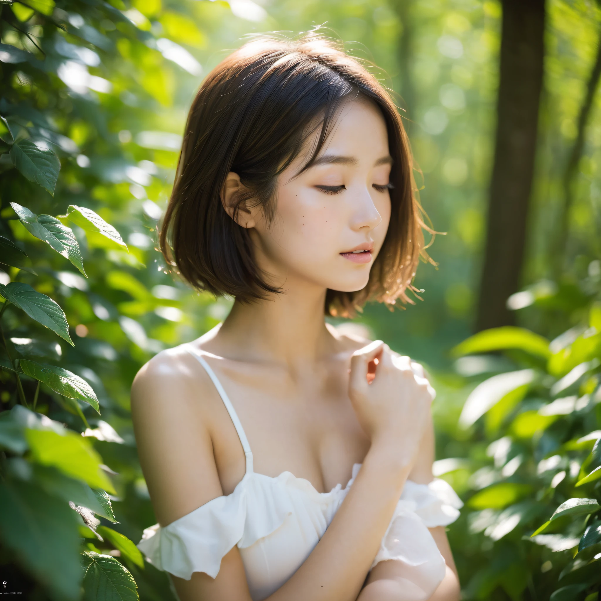 David Hamilton style, Japan woman, 20 years old, heartbroken, sober, sunny, evening, forest, from head to toe, small breasts, barefoot, medium meat medium tall, very short hair, lips are thin, lips color is also light, eyes closed, eyes are small, eyes are frontal, profile, black hair, less freckles, contrast shallow, very beautiful portrait, glowing skin, RAW photo, masterpiece, top quality, Hyper Detail, Cinema Lighting, Intricate Detail, High Resolution, 8K, Highly Detailed, Detailed Background, 8K UHD, DSLR, Soft Lighting, High Quality, Film Grain, ORIMPUS OMD, Shallow Depth of Field, Natural Light