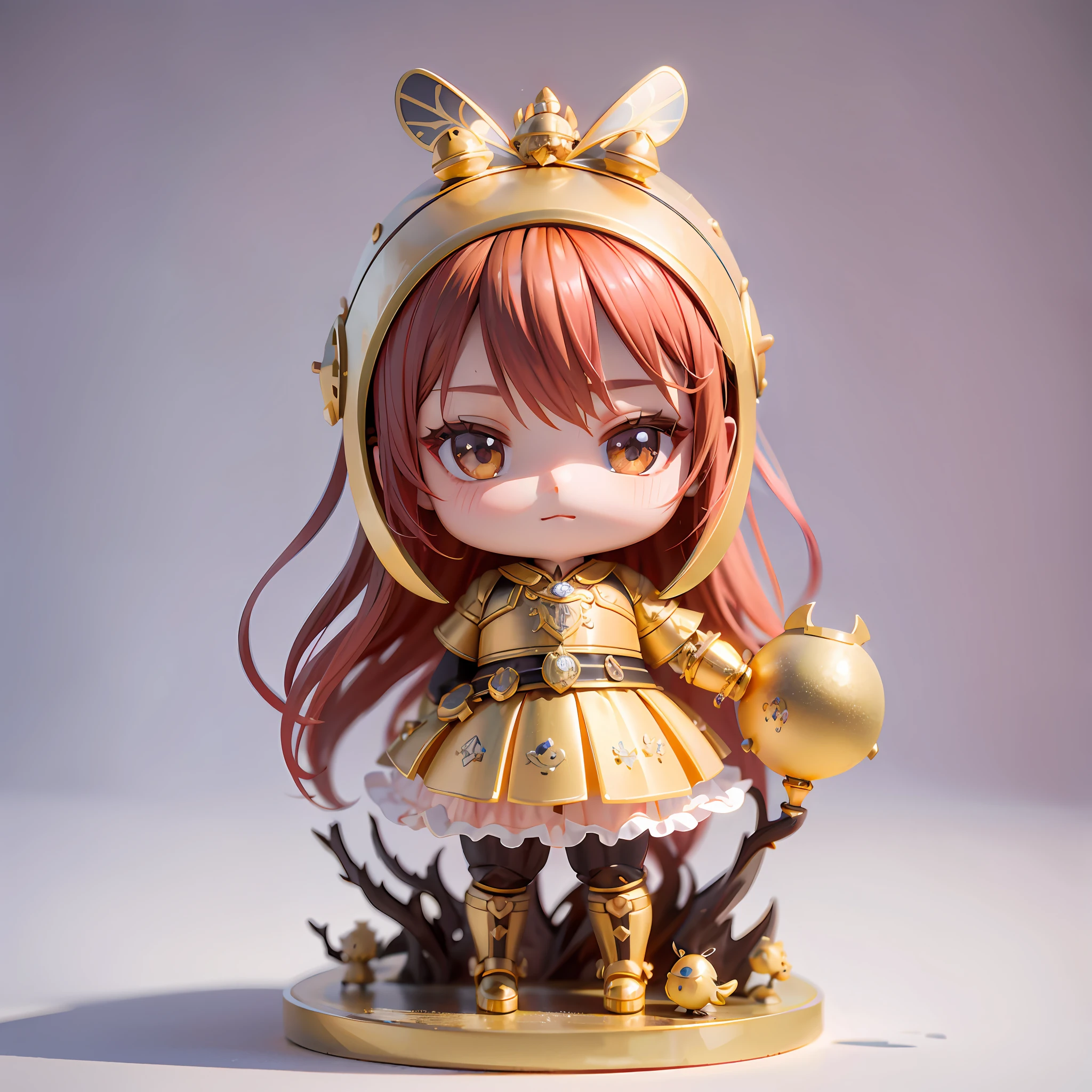 There is a Chinese doll with black hair, wearing golden armor, carrying a short sword, holding a shield, style as Nendoroid, Nendoroid 3 D, Nendroid, (highly detailed numbers), Nendoroid, 8k Octae rendered photo, watercolor Nendoroid, anime figurines, highly detailed characters, 8K high quality detail art, rendering a cute 3D anime girl