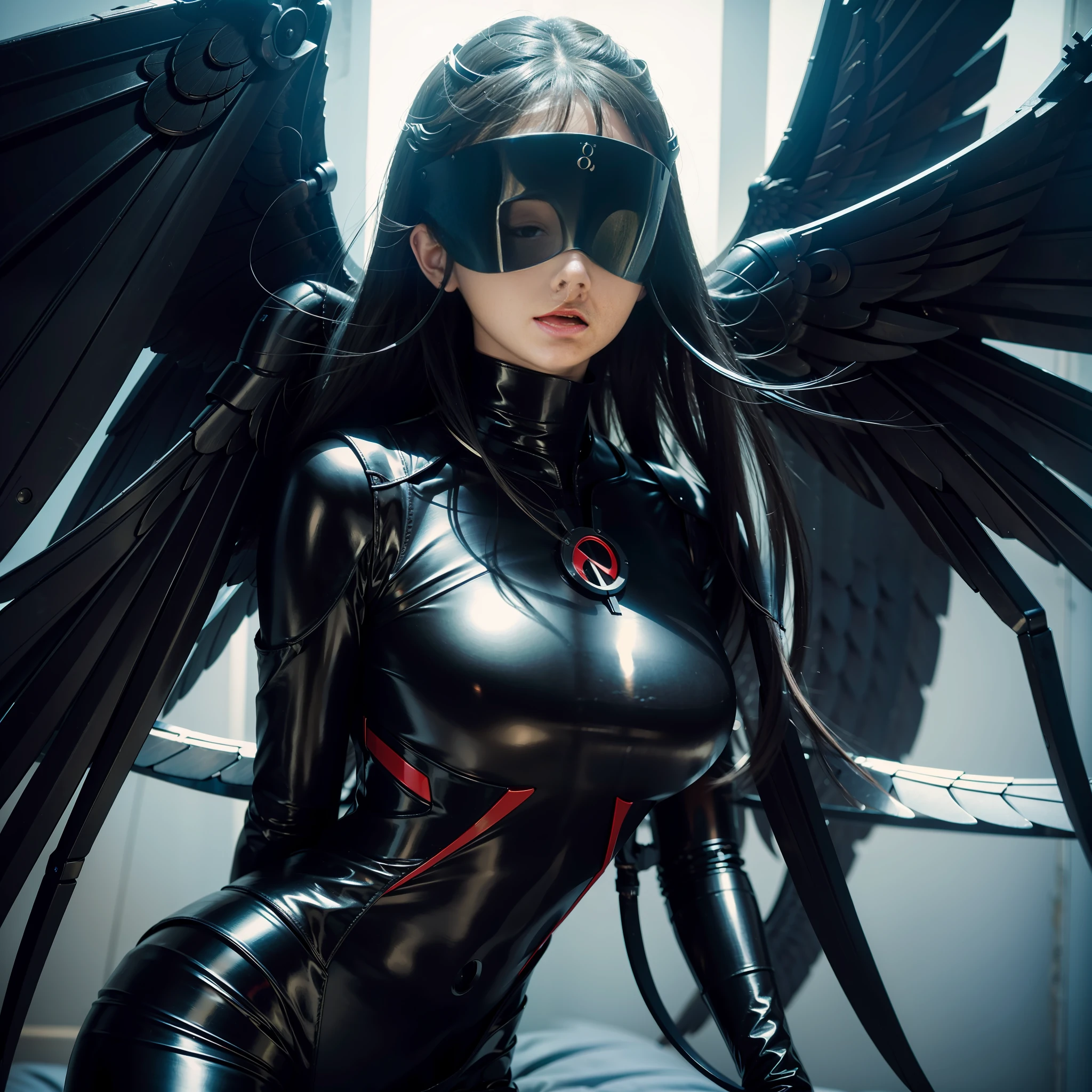 Best image quality, SLR, 1 woman (Alafor), Japan person, mechanical bodysuit, big (1.5), perfect body, mechanical big wings, beautiful wings, black wings, symmetry, mechanical wings, whip body type, blindfolded,