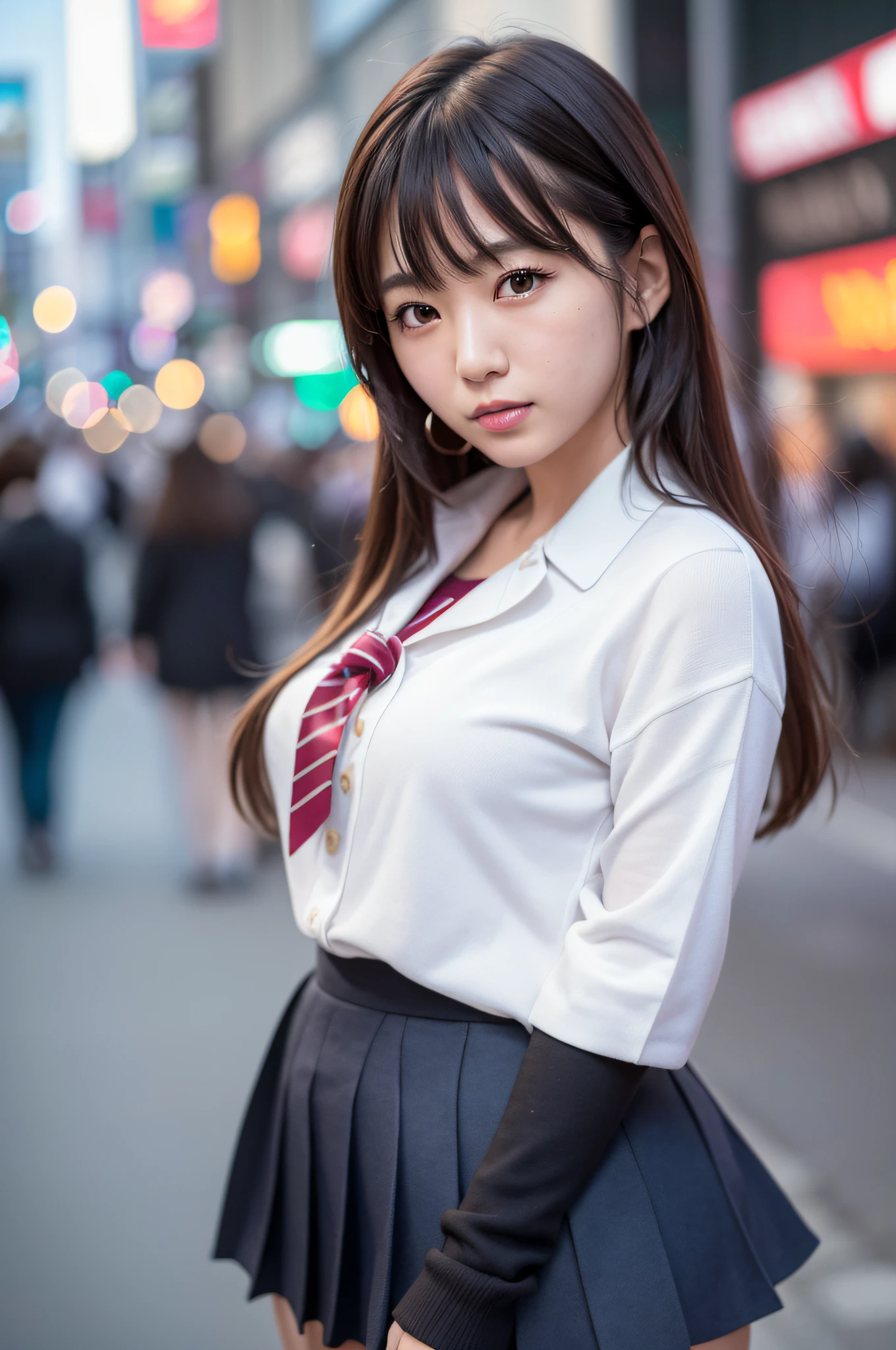 Ultra top quality, masterpiece, ultra high resolution, (photorealistic: 1.4), highly detailed CG Unity 8k wallpaper, detailed and complex, original, high resolution, raw photo, (perfect body shape), fine and complex, DSLR, soft lighting, high quality, film grain, depth of field, FUJIFILM XT3, 50mm lens, backlight, HDR, hyperreal, color grade, dynamic pose, portrait, Japan person, smile, lips, bangs, (crowded akihabara: 1.2), front view viewer, natural light, girl, 20 years old, full body, solo, student, high school, uniform, sailor color, bobby socks, pleated skirt, daytime, on the street, deep shadow, cute, beauty, discreet, cold light 12000K\\ street, store status, Akihabara, Shinjuku, Shibuya, Ikebukuro, detailed realistic, detail, skin texture, ultra detailed, realistic skin texture, (dramatic, award-winning photos, incredible masterpieces: 1.3)