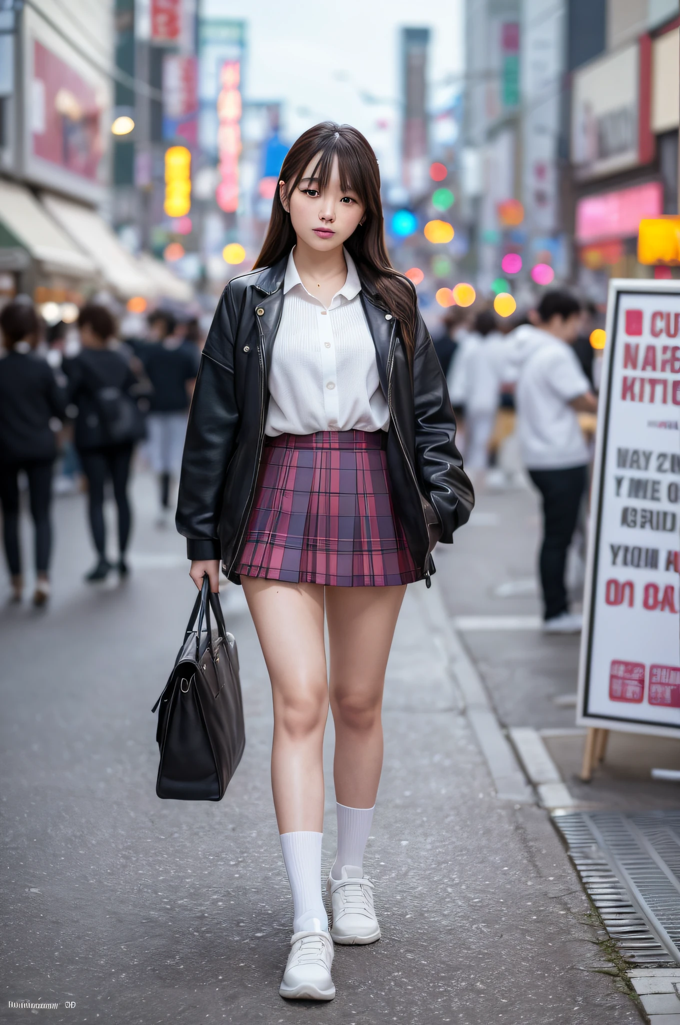 Ultra top quality, masterpiece, ultra high resolution, (photorealistic: 1.4), highly detailed CG Unity 8k wallpaper, detailed and complex, original, high resolution, raw photo, (perfect body shape), fine and complex, DSLR, soft lighting, high quality, film grain, depth of field, FUJIFILM XT3, 50mm lens, backlight, HDR, hyperreal, color grade, dynamic pose, portrait, Japan person, smile, lips, bangs, (crowded akihabara: 1.2), front view viewer, natural light, girl, 20 years old, full body, solo, student, high school, uniform, sailor color, bobby socks, pleated skirt, daytime, on the street, deep shadow, cute, beauty, discreet, cold light 12000K\\ street, store status, Akihabara, Shinjuku, Shibuya, Ikebukuro, detailed realistic, detail, skin texture, ultra detailed, realistic skin texture, (dramatic, award-winning photos, incredible masterpieces: 1.3)