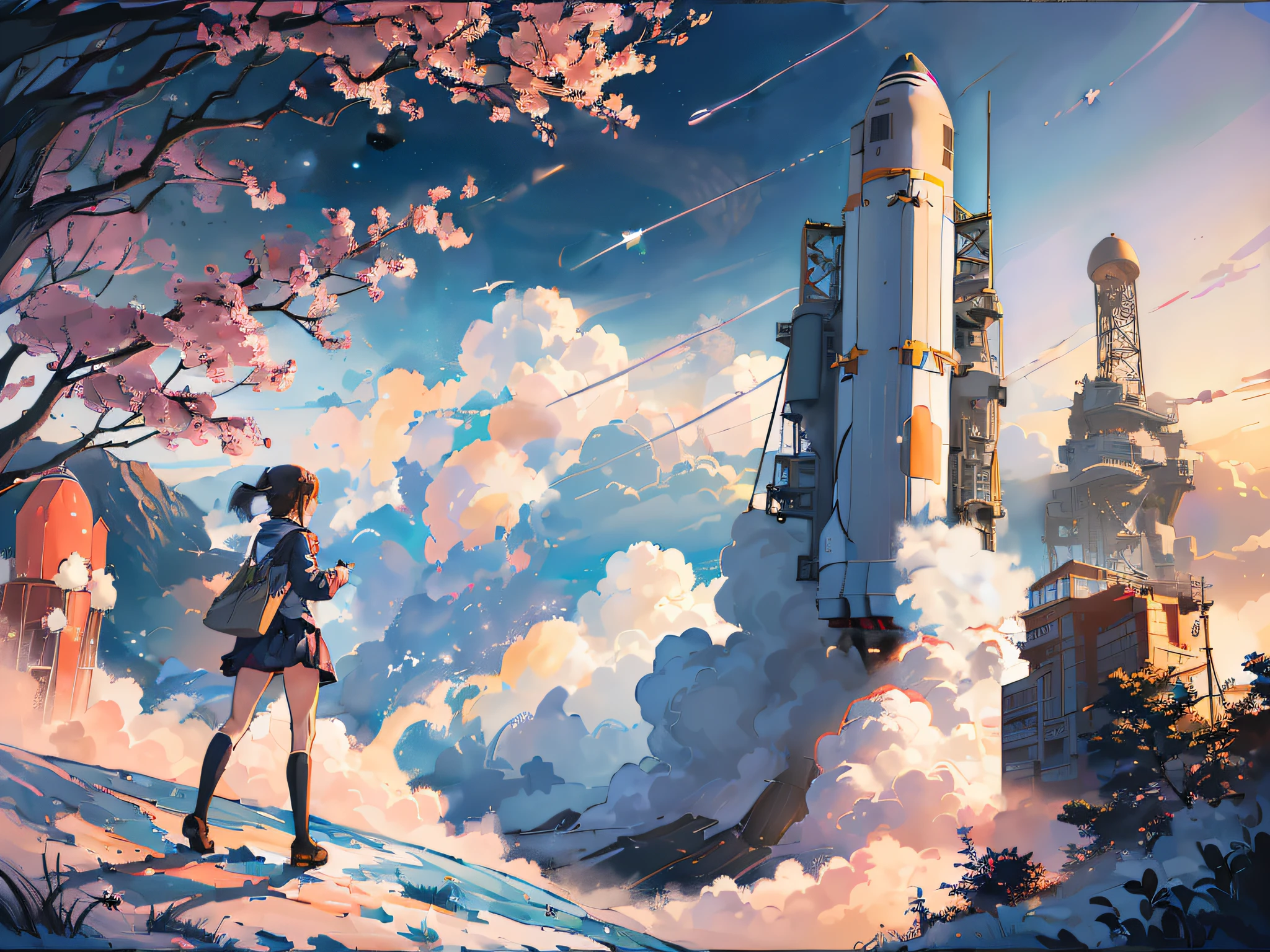 anime girl standing in front of a rocket with a sky background, makoto shinkai cyril rolando, makoto shinkai!, anime art wallpaper 4k, anime art wallpaper 4 k, makoto shinkai and bioware, in style of makoto shinkai, anime art wallpaper 8 k, cosmic skies. by makoto shinkai, makoto shinkai!!