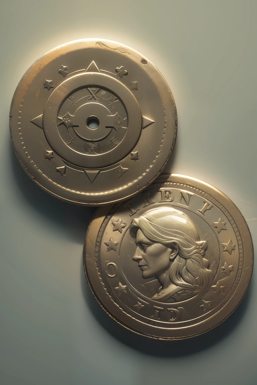 ((one coin:0.8, money:0.8):0.9), old money, heavy texture, toothed edge, aged by the passage of time, clear window, soft lighting.