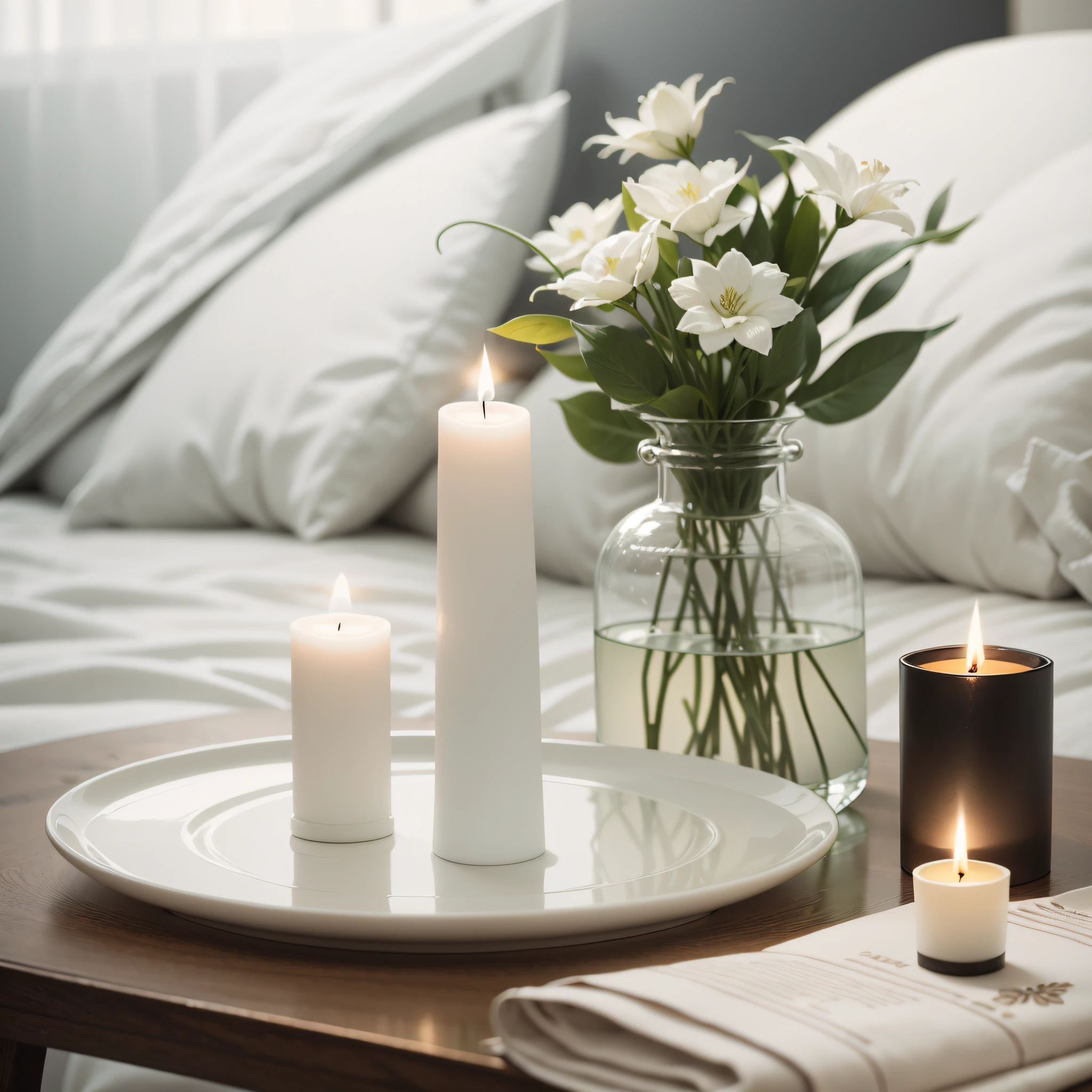 create an image with aromatic candle, on top of a minimalist table with vase of flowers, bedroom --auto --s2