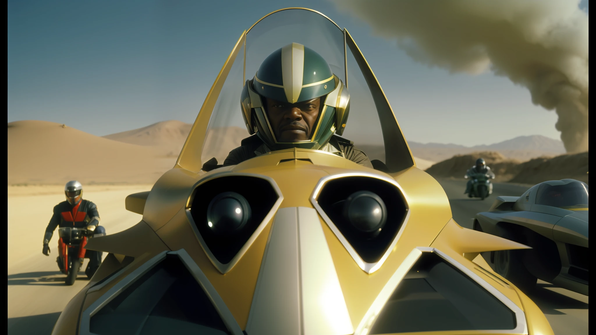 there is a man in a helmet sitting in a vehicle, movie still of a snarling, style of macross, ian mcshane, by D. Howard Hitchcock, an angry lemon, pod racer, colorised, kawasaki, filmation, samuel l jackson, highres, low horizon, smile like a sphinx, winged human, racing, badass, valiant