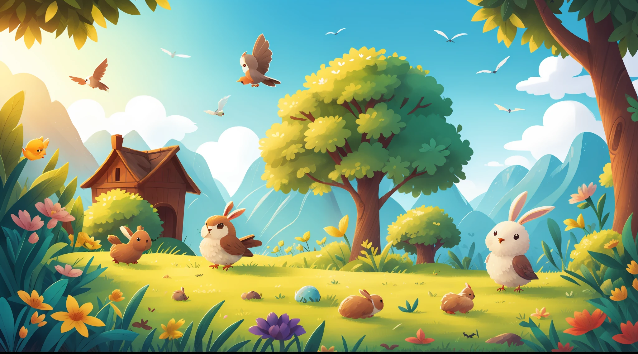 a landscape with a bird and a rabbit