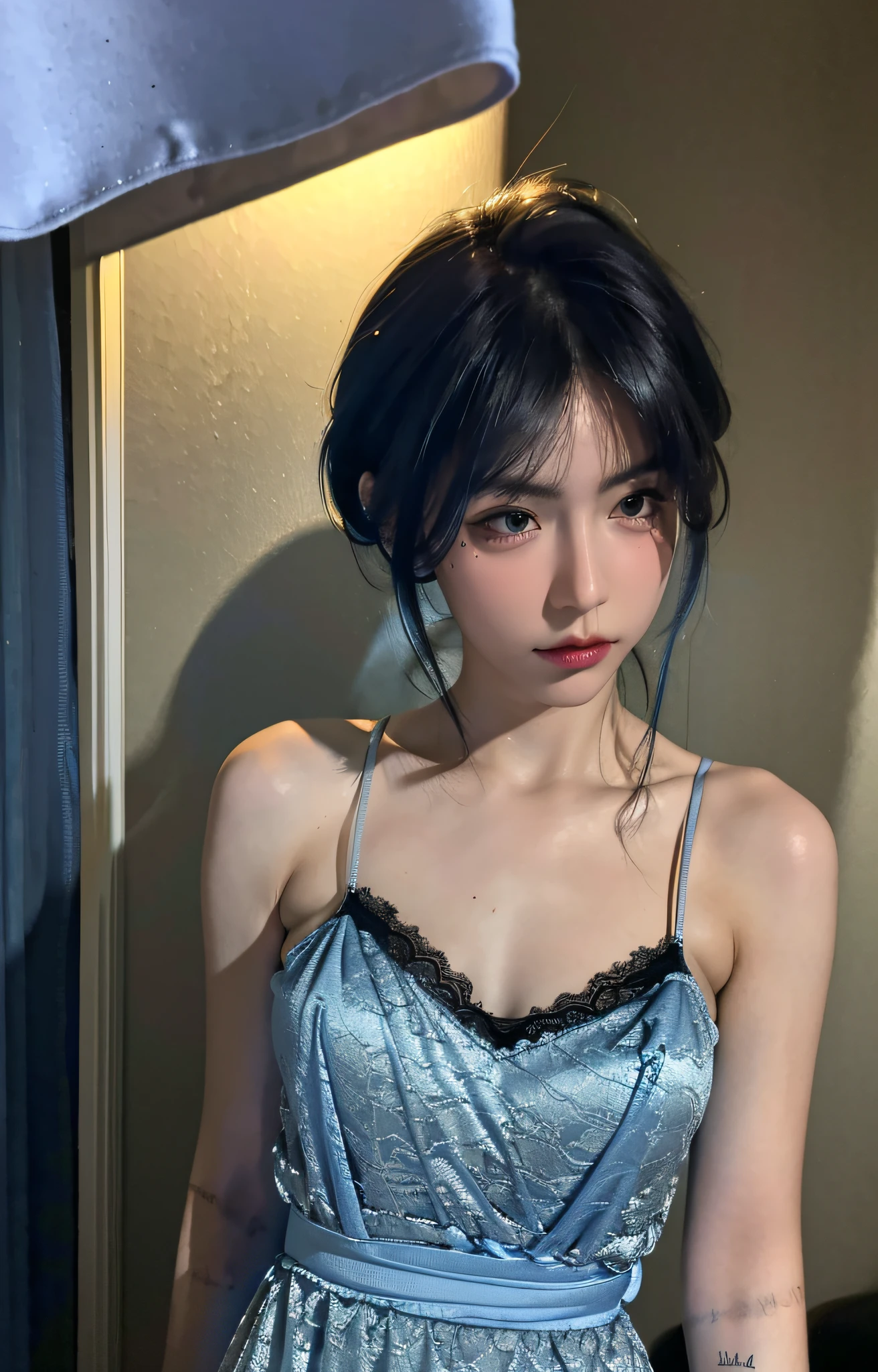 Best quality, masterpiece, ultra high res, (photorealistic:1.4), raw photo, 1girl, ((black lace nightgown)), ((small breast)), blue hair, cold light