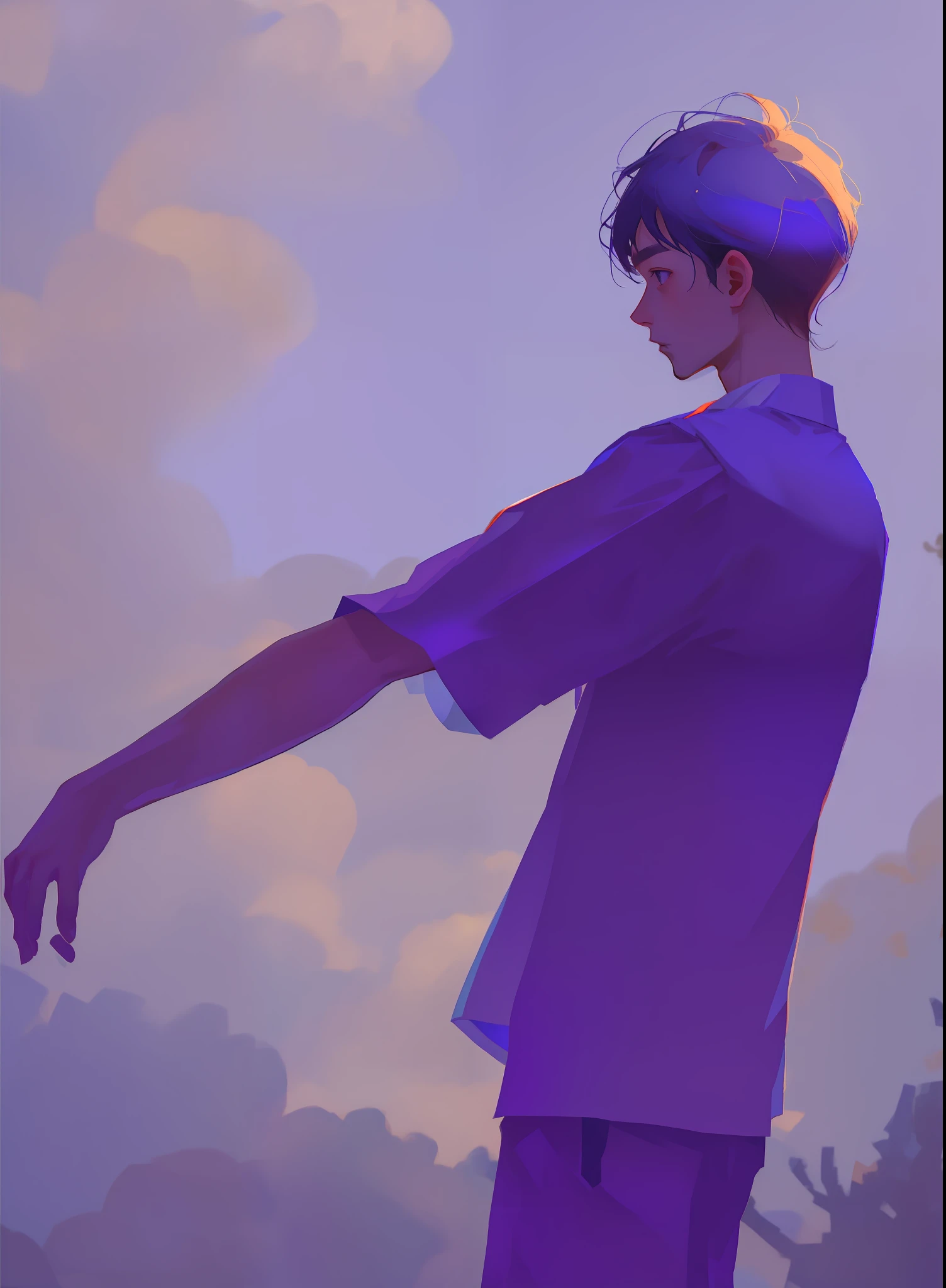 Boy in white school uniform, back, reaching out for hug, sky in background, school trees in the distance