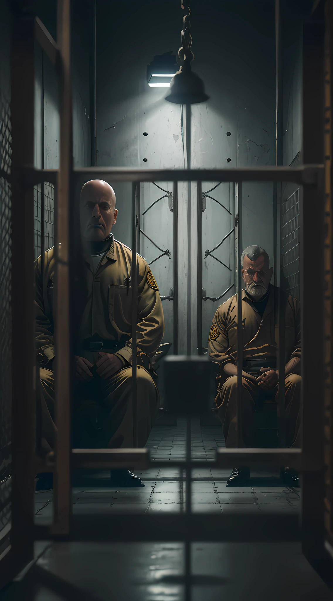 Create an ultra-realistic photographic representation, in 9:16 aspect ratio and 8K resolution cinematic quality, that depicts 'The Stanford Prison Experience'. Use a dark and intense aesthetic approach, with desaturated colors and cool shades. Highlight the meticulous details of a prison cell, such as the bars, concrete, and minimal objects. Compose the image in such a way as to convey a sense of claustrophobia and isolation. Portray prisoners with emotion-laden facial expressions, representing their suffering, despair, and frustration. Highlight the guards with authoritarian and cold postures, suggesting oppressive power dynamics. Create an image that prompts reflections on the psychological effects of deprivation of liberty and the complexities of power relations in a prison environment --auto --s2