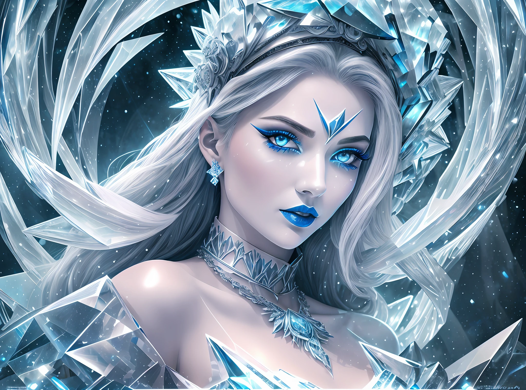 ilustration 1 woman, blue lipstick on lips, ice armor up to neck, cinematic light, highest quality, ultra detailed realism, detailed face, detailed eyes, best quality, hyper detailed, works cousin, masterpiece, top quality, best, official art, beautiful and aesthetic, long exposure: 1 elegant woman masterpiece,broad and delicate shoulders, medium breasts, Charming Patterns, Icy witch woman,  White , eyes covered by a veil made of ice, Her body is covered with pieces of ice detailed in a beautiful black dress, witch, winter, ice throne, witchcraft, Tone of Magic in Blue, strong glow in neon blue, queen, majesty, in the background a blizzard covering the environment. Front portrait, full body.