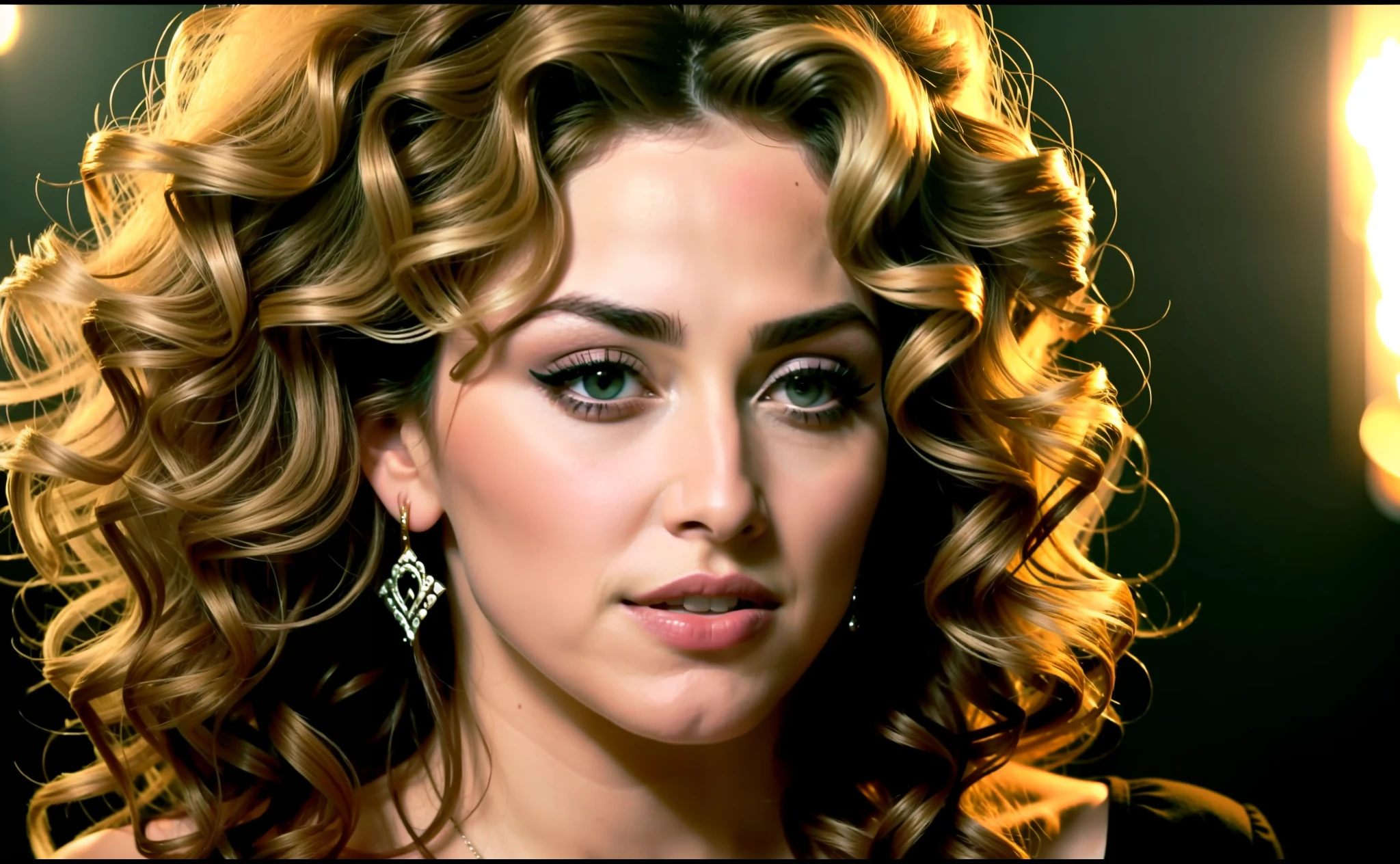 a close up of a woman with a very long curly hair, madonna, madonna portrait, madonna genderbend elegant, vhs screencap, detailed portrait of madonna, 2 5 th anniversary music video, with shoulder pads, youtube video screenshot, heart shaped face, music video, her face framed with curls, inspired by Winona Nelson, most beautiful woman on earth, crosses in flame in the background, video clip "Like a Prayer"