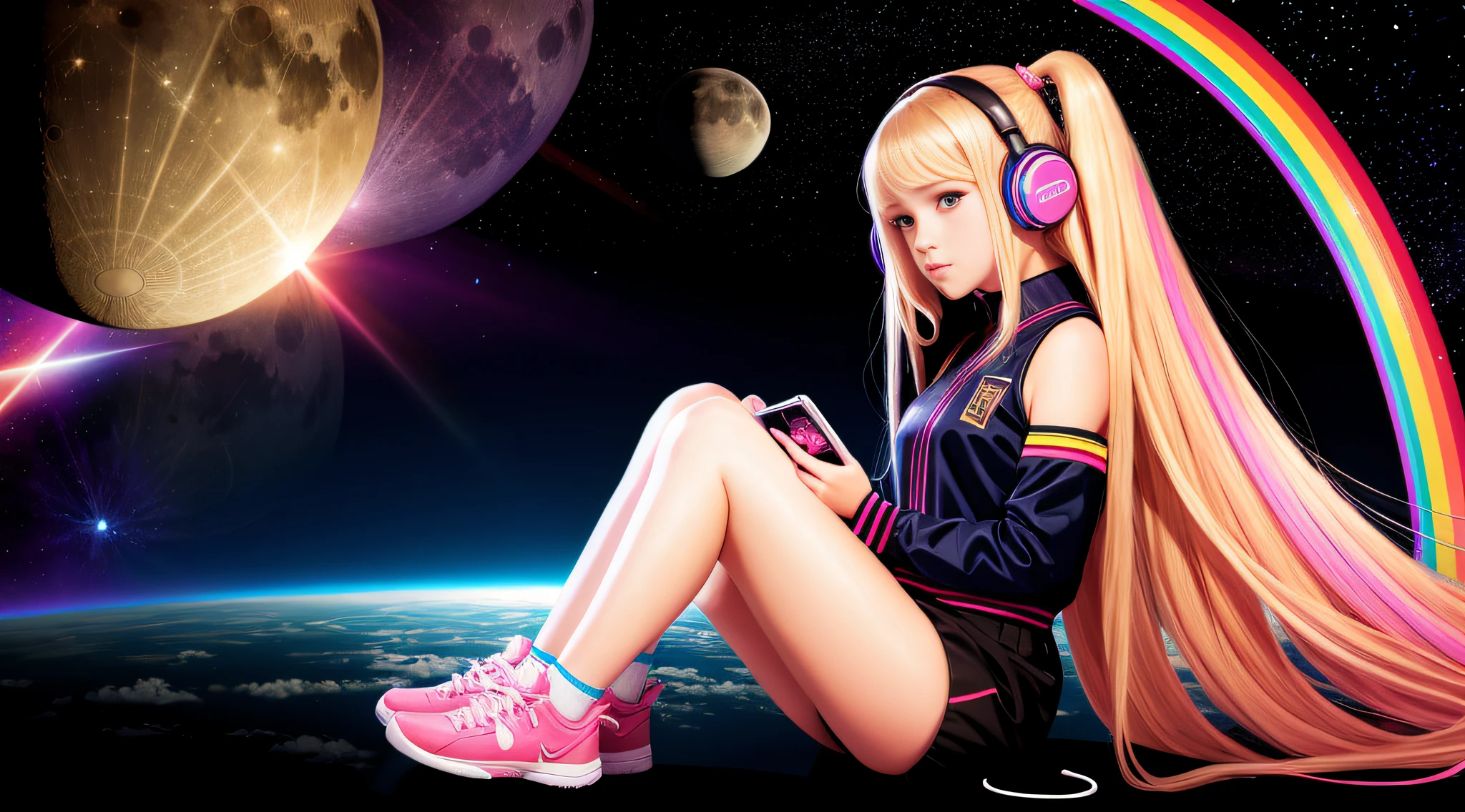 10 year old girl, blonde very long straight hair, PORTRAIT STYLE, with headphones holding a Pink Floyd album, The Dark Side of the Moon, Dark Side, Anime Moe Artstyle, Prism, 2D CG, Guweiz Style Art, 3840x2160, 3840 x 2160, 4K Anime Style, Wallpaper!, High Quality FanArt