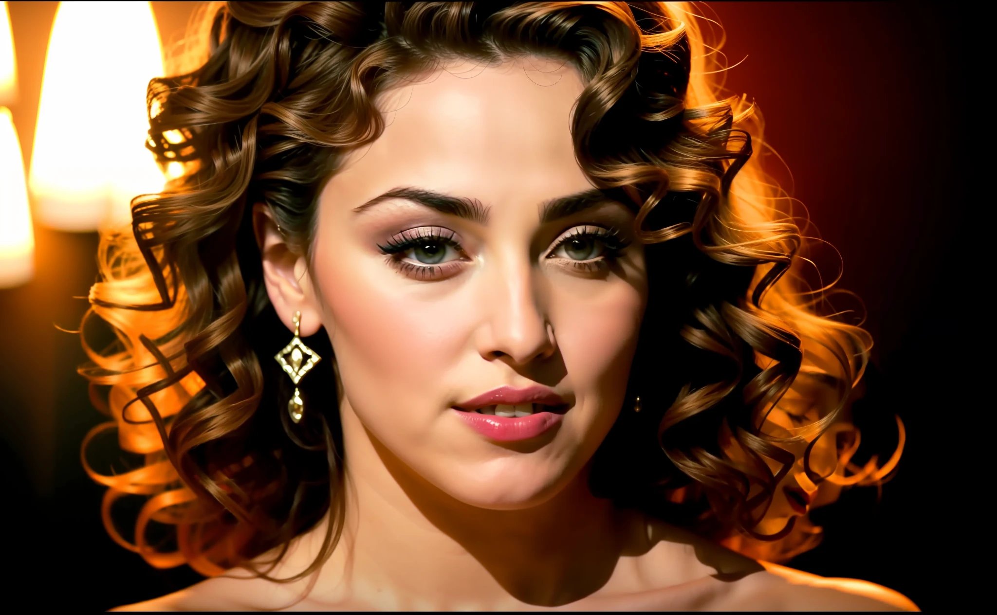 a close up of a woman with a curly hair, madonna, madonna portrait, madonna genderbend elegant, detailed portrait of madonna, 25th anniversary music video, youtube video screenshot, heart shaped face, music video, her face framed with curls, inspired by Winona Nelson, most beautiful woman on earth, crosses in flame in the background, video clip "Like a Prayer", sharp image, 8k