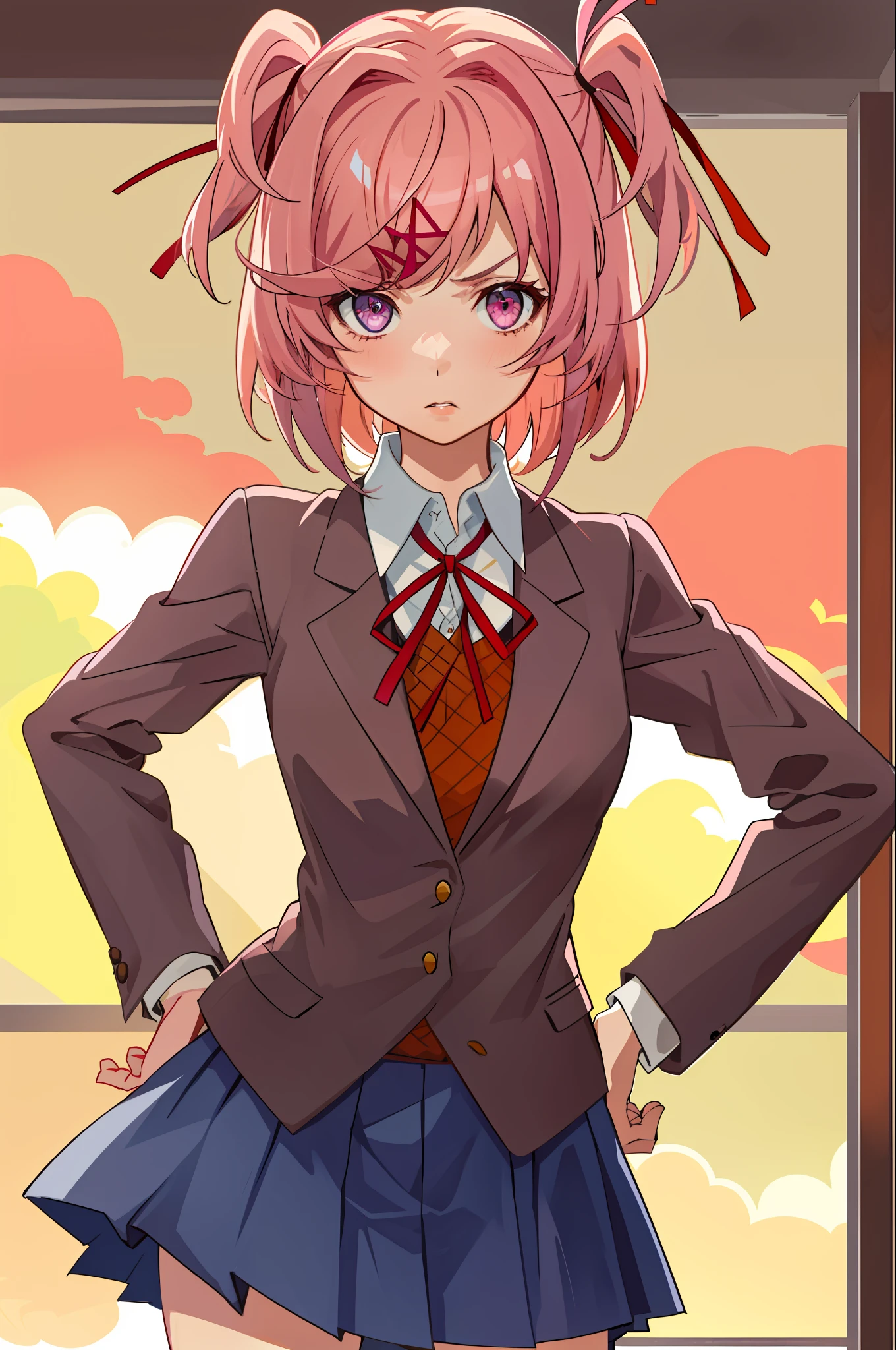 2d, masterpiece, best quality, anime, highly detailed, cowboy shot, 1girl, solo, natsuki, pink eyes, pink hair, medium hair, two side up, hair ribbon, hair ornament, school uniform, blazer, brown sweater, collared shirt, neck ribbon, blue skirt, standing, hands on hips, pouty lips, classroom