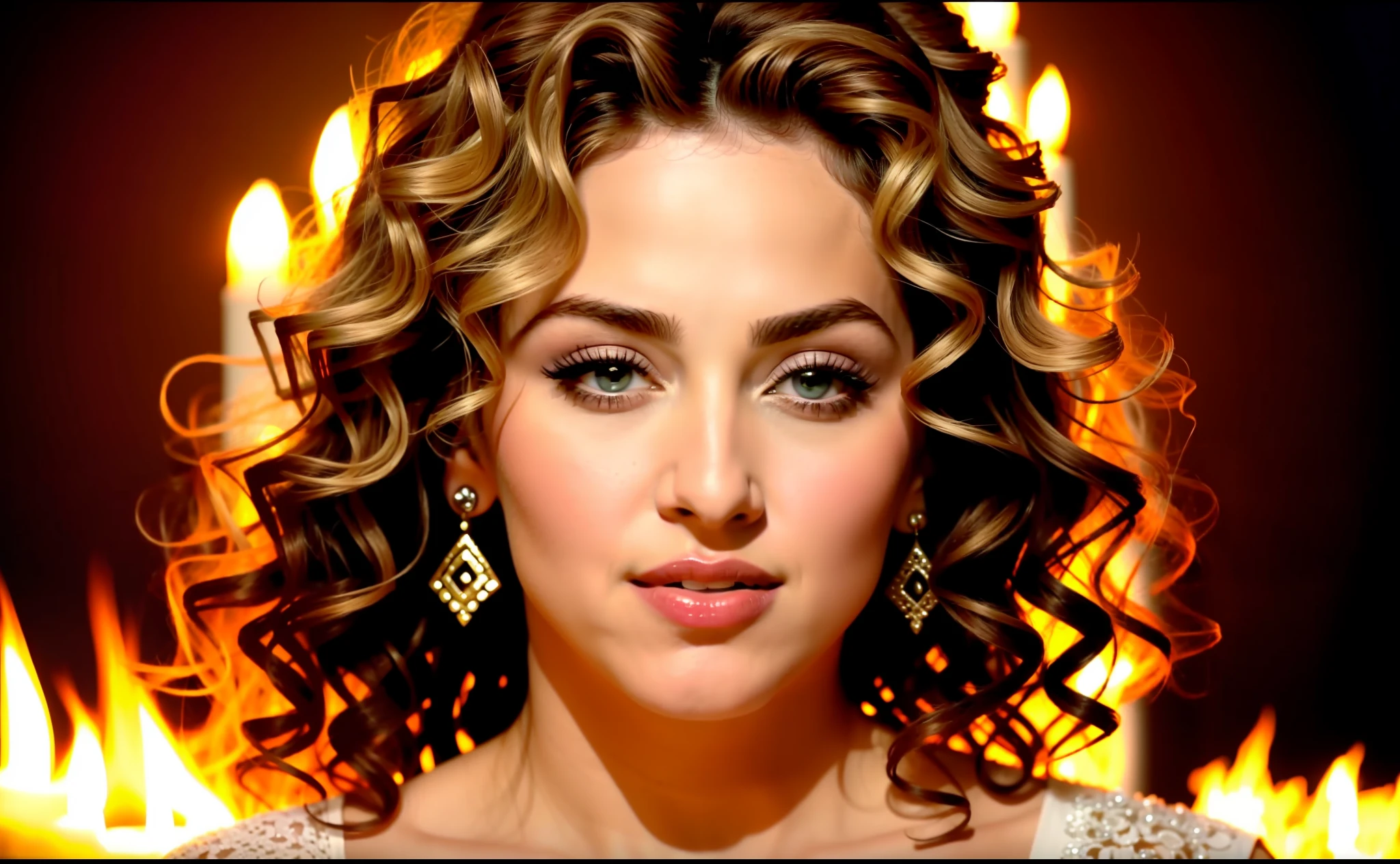 a close up of a woman with a curly hair, madonna, madonna portrait, madonna genderbend elegant, detailed portrait of madonna, 25th anniversary music video, youtube video screenshot, heart shaped face, music video, her face framed with curls, inspired by Winona Nelson, most beautiful woman on earth, crosses in flame in the background, video clip "Like a Prayer", sharp image, 8k