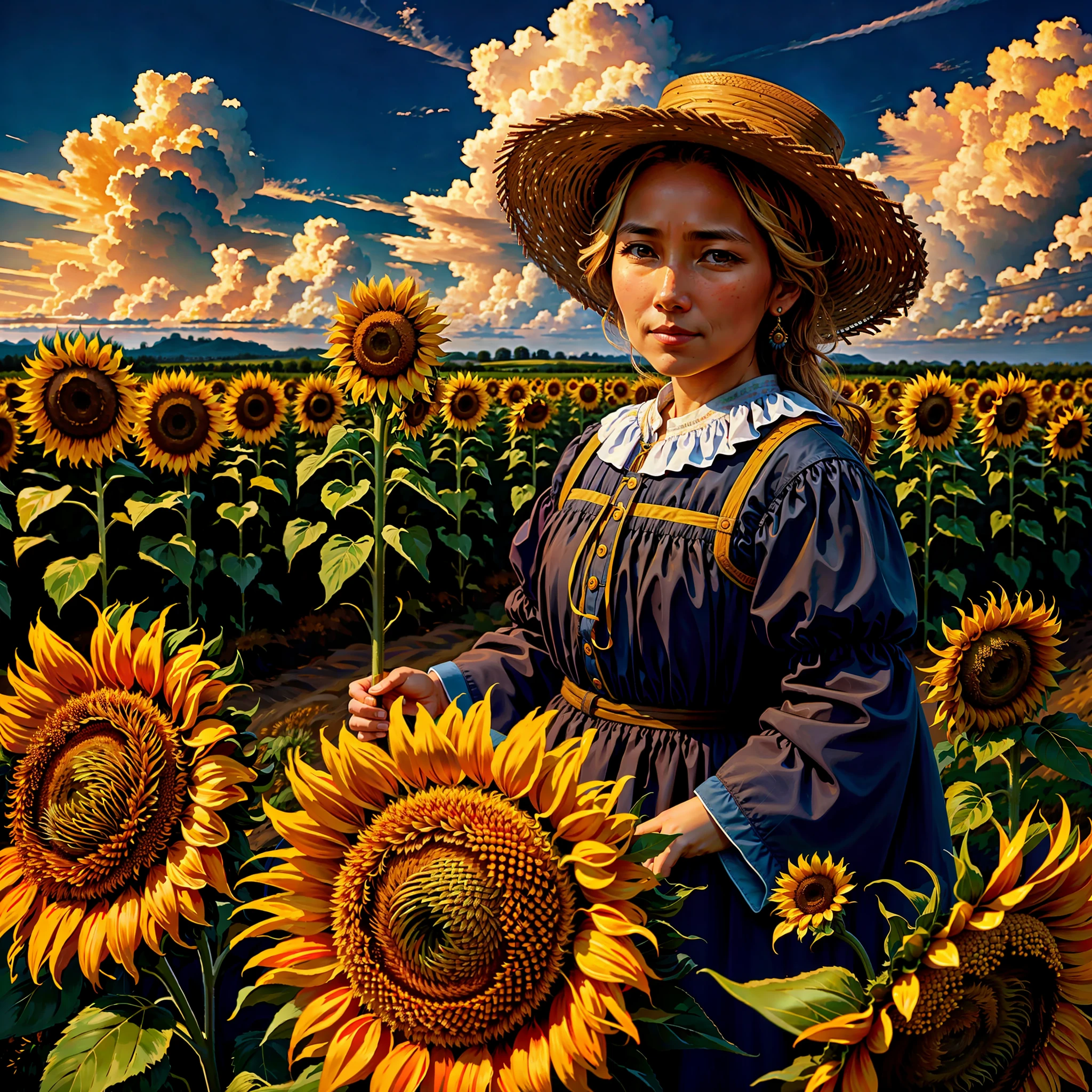 a (peasant woman) looking at the camera, swirl of sunflowers in the background clouds of sunflowers
