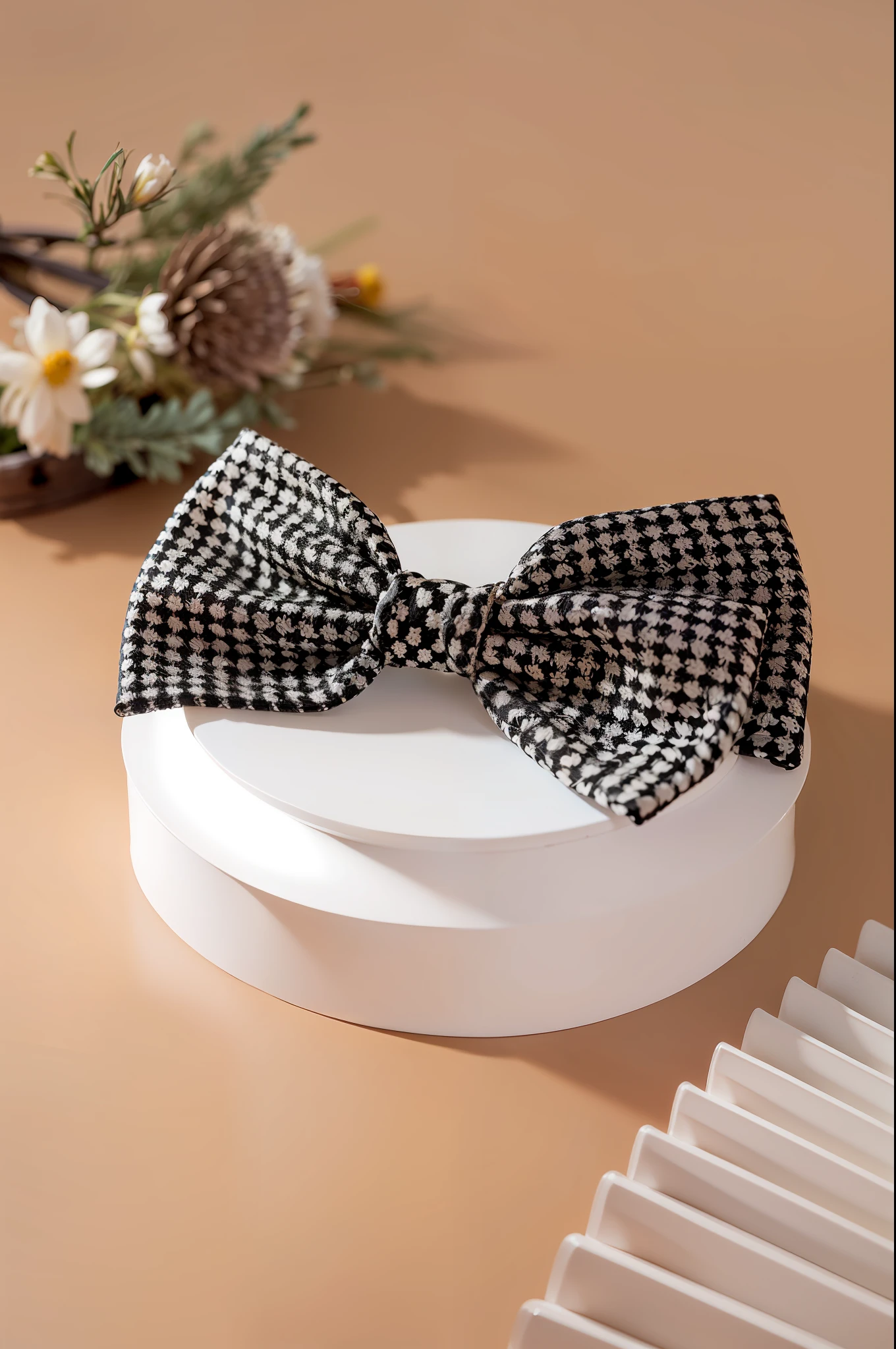 (White plate: 1.2, Flowers: 1.1, Thick bow: 1.2, Bow tie: 1.1, Bow tie: 1.1, Black headband: 1.2, Hair bow: 1.1, Ribbon: 1.1, Decorative bow: 1.1, 35mm photo: 1.3, Large ribbon: 1.1, Wearing hair bow: 1.1, Product photo: 1.3, Middle Eastern elements: 1.1, Canon EOS R 6:1.2)