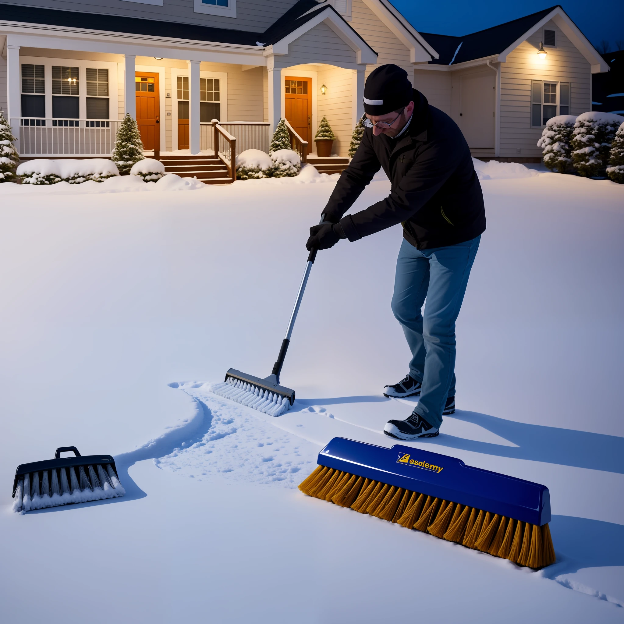 A person removes snow with a broom at night in a quiet night