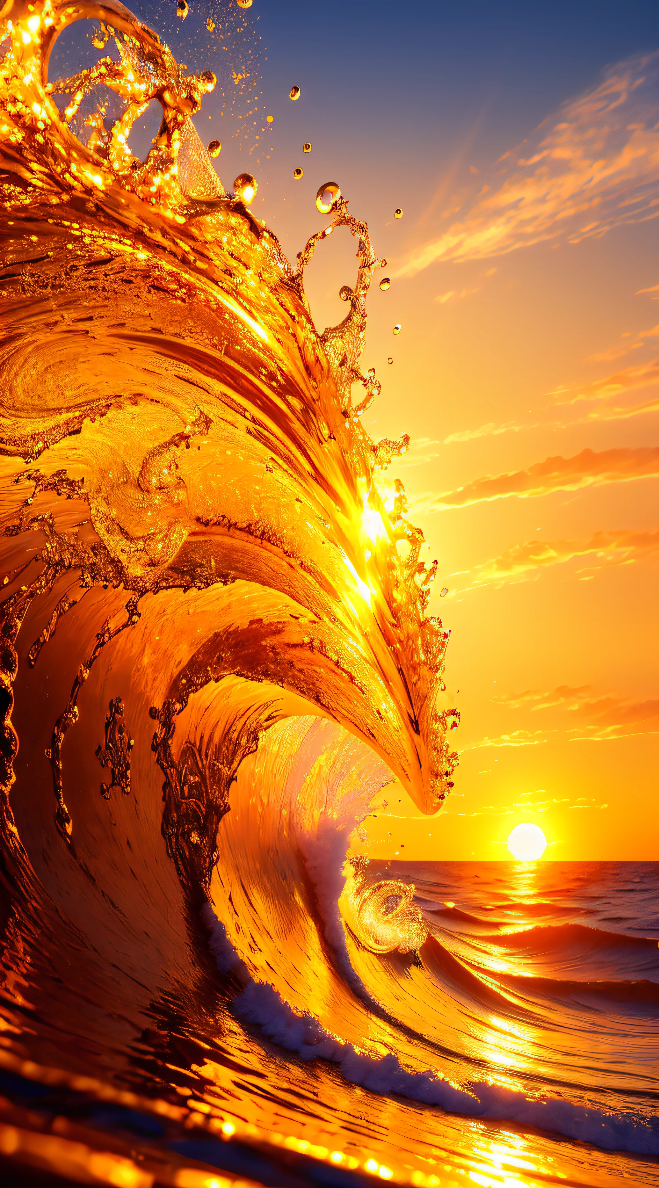 Masterpiece, best quality, (8k very detailed CG unit wallpaper) (best quality), (best illustration), (best shadows) a golden sea wave, bright orange aol sunset through the wave, golden droplets flying, (:1.6)