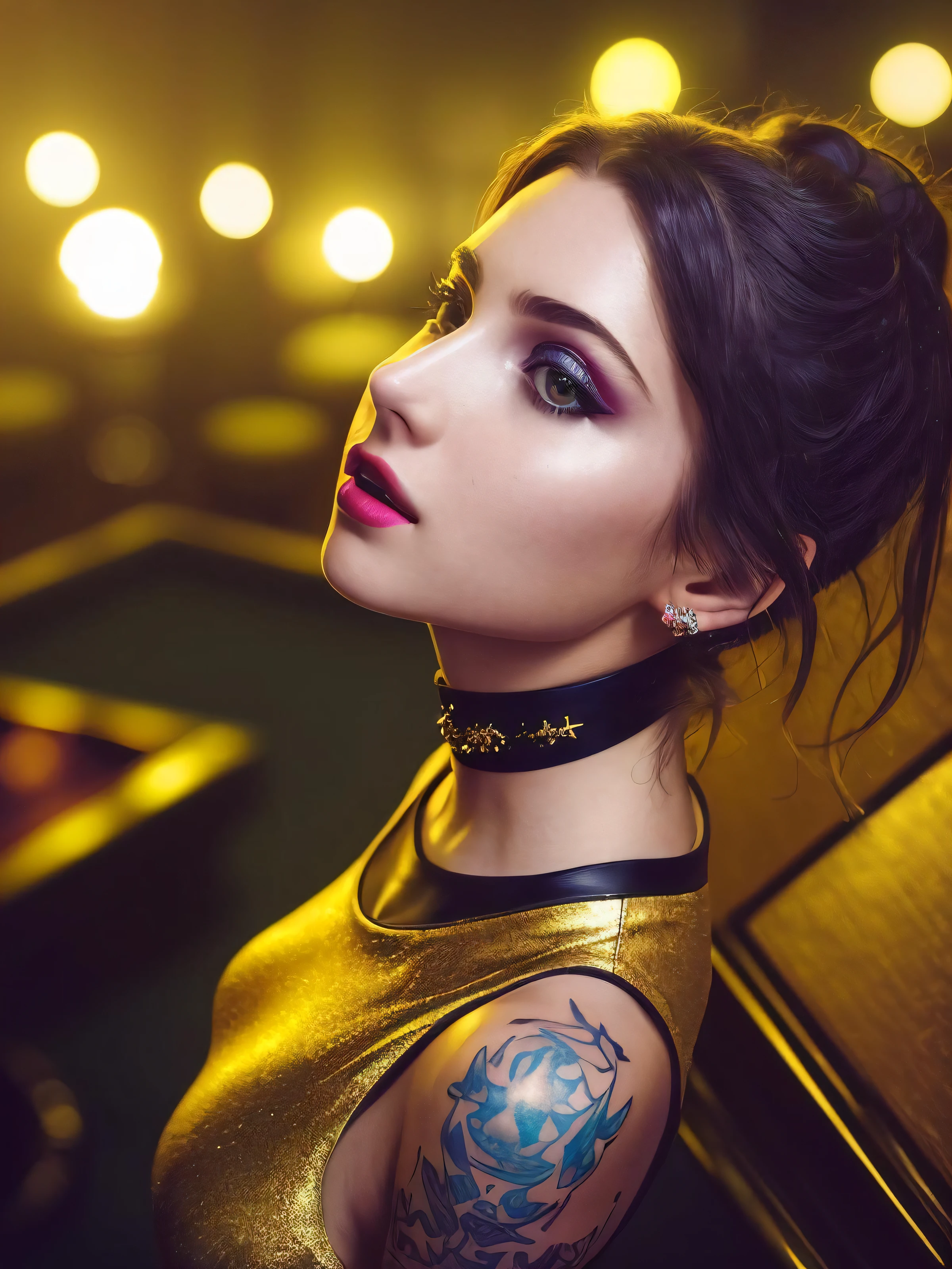 (masterwork:1.1), (photorealism:1.1), ((high angle POV:1.4)), (1girl), (looking up to camera:1.2), whole arm tattoo, flushed, alternative woman, (open mouth), (luxury dress:1.1), golden chocker, detailed photograph, high detailed, HDR, sharp focus, focus on face, medium breasts, dark eyeliner, lipstick, (stay near billiard table), at night, background lights, color photo, shallow depth of field, damp hair, night club light