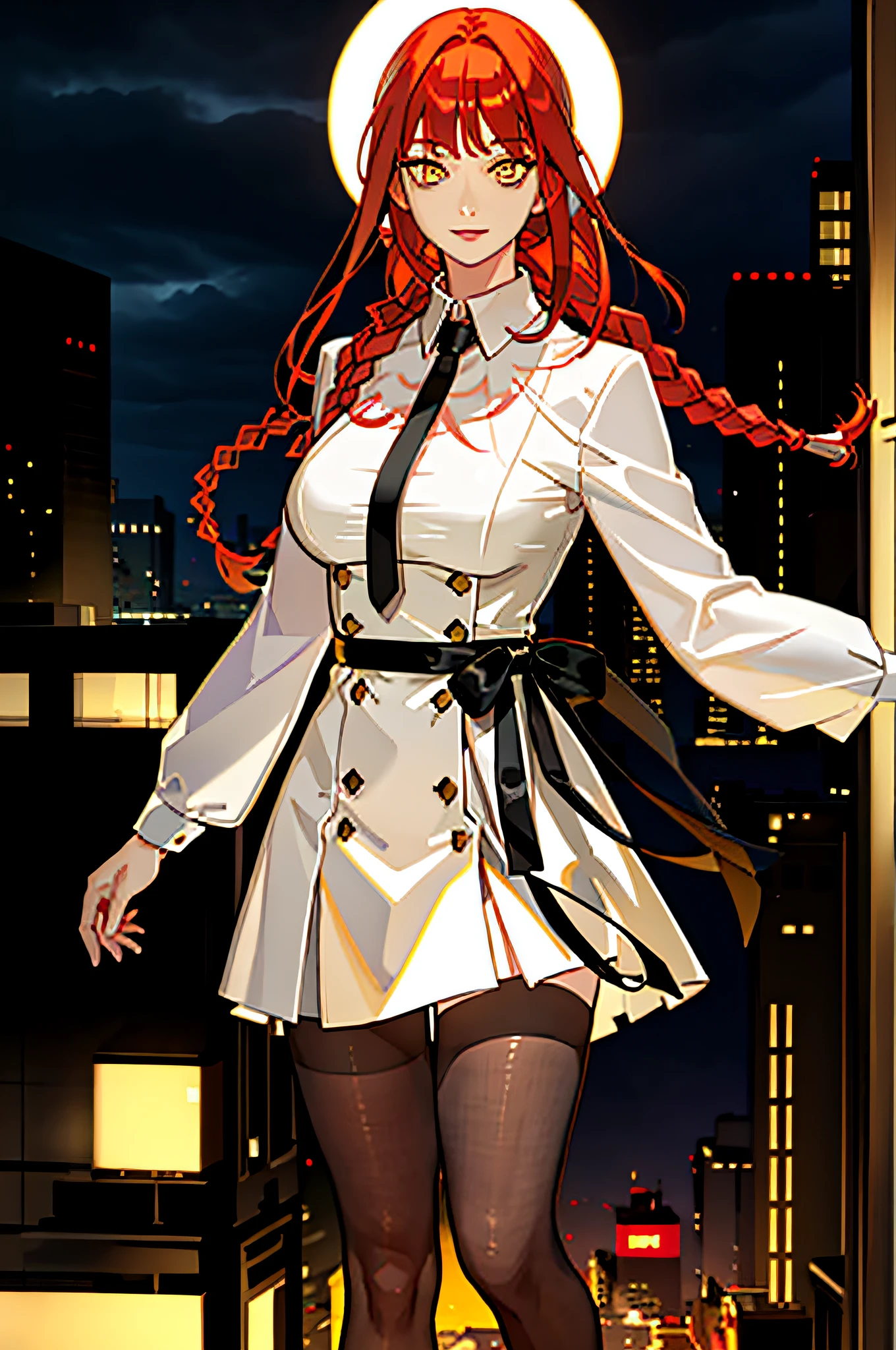 masterpiece, (photorealistic:1.4), best quality, beautiful lighting,KPop idol,adult,white dress,,,black pantyhose, thighhighs
(ulzzang-6500:0.5), makima \(chainsaw man\), (red hair)+(long braided hair)+(bangs), yellow eyes, golden eyes, ((ringed eyes)),large breast, detailed face,smile,
RAW photo, 8k uhd, film grain,blurry background,standing,outdoor,in crowded city