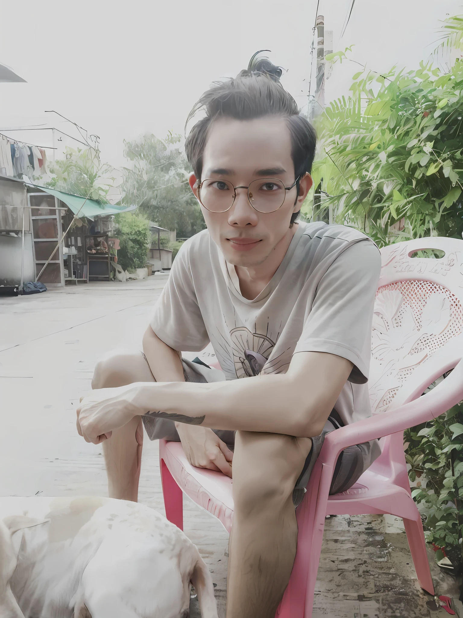 there is a man sitting in a chair with a dog, thawan duchanee, 2 7 years old, 2 8 years old, low quality photograph, nivanh chanthara, around 1 9 years old, 2 9 years old, low quality photo, he is about 3 0 years old, he is about 30 years old, very very low quality picture