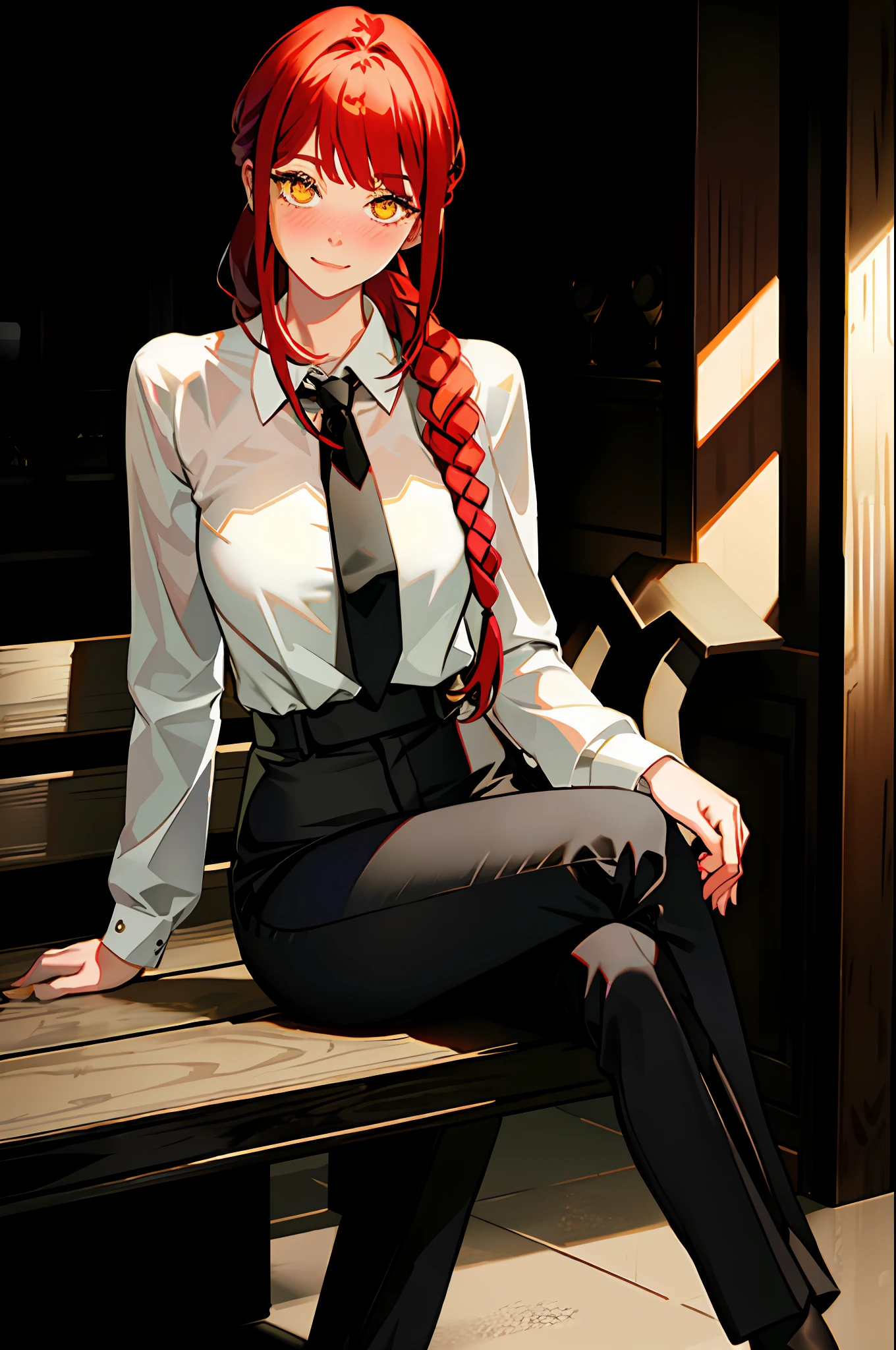 masterpiece, (photorealistic:1.4), best quality, beautiful lighting,KPop idol,adult,white blouse, black tie,black pants ,long sleeve, hand on breast, leaning forward, :i, indoor
(ulzzang-6500:0.5), makima \(chainsaw man\), (red hair)+(long braided hair)+(bangs), yellow eyes, golden eyes, ((ringed eyes)),medium breast, detailed face,smile,
RAW photo, 8k uhd, film grain,blurry background,sitting,bench,crossed legs,sensual,nose blush,stare