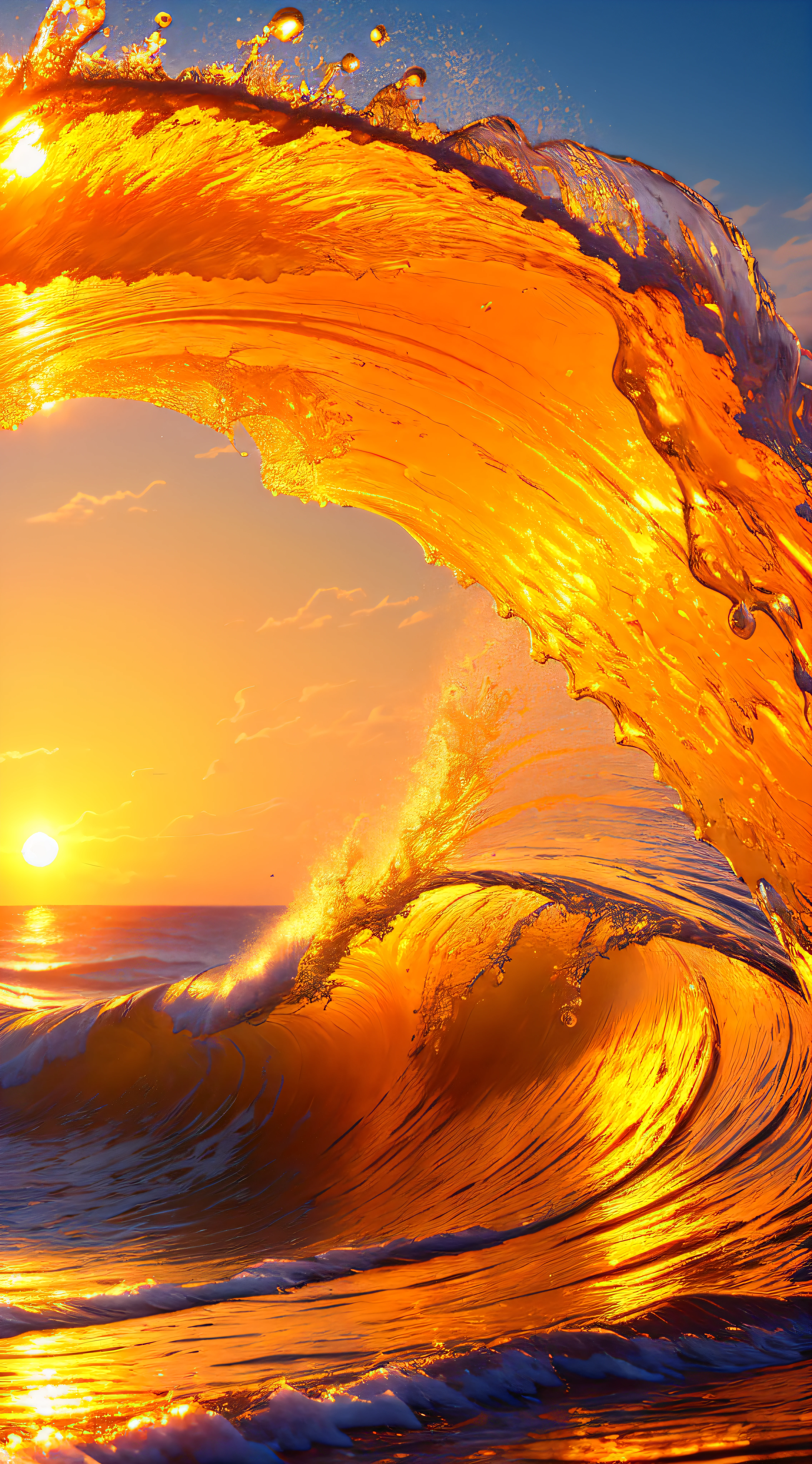 Masterpiece, best quality, (8k very detailed CG unit wallpaper) (best quality), (best illustration), (best shadows) a golden sea wave, bright orange aol sunset through the wave, golden droplets flying, (:1.6)