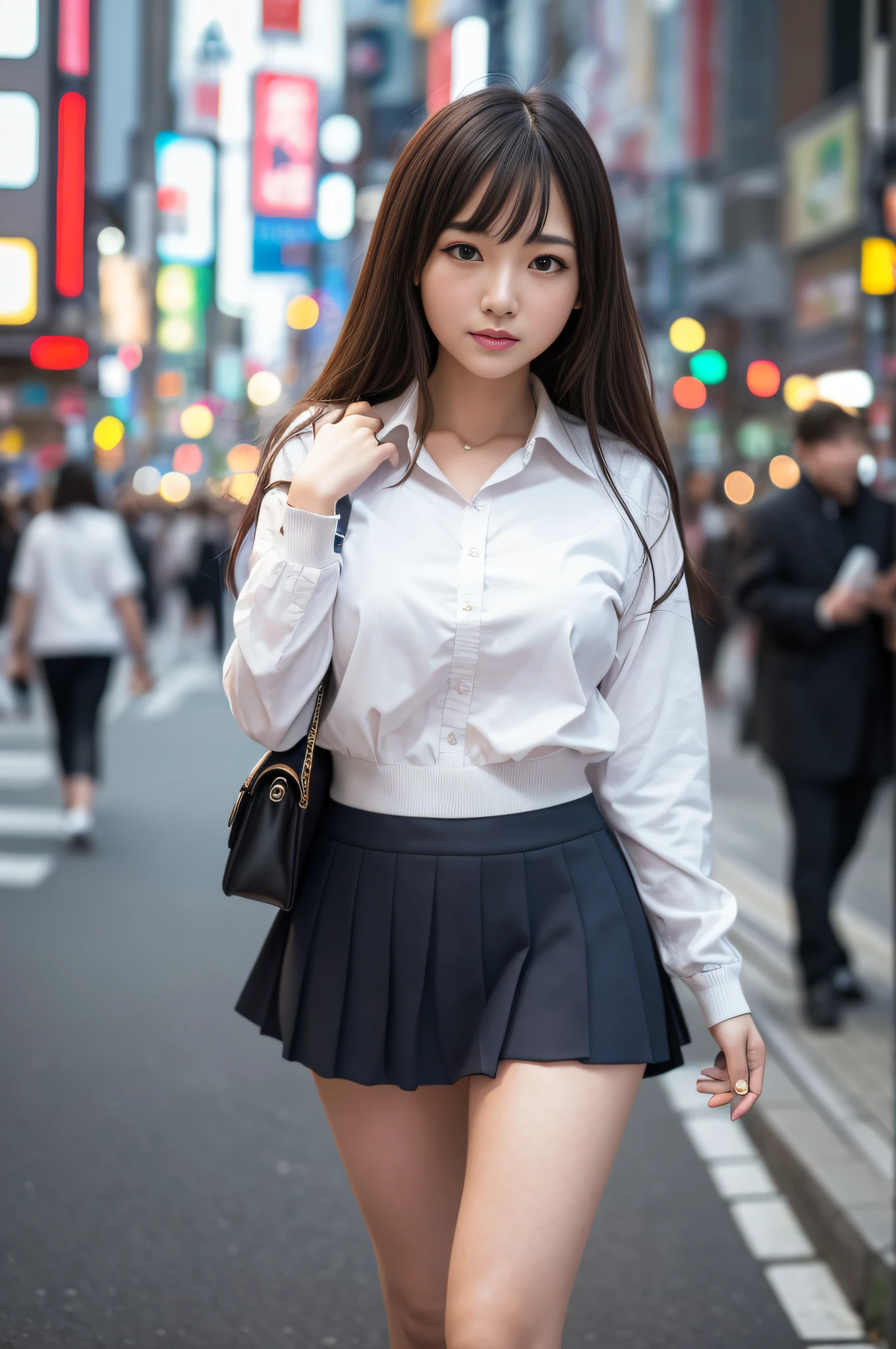 Ultra top quality, masterpiece, ultra high resolution, (photorealistic: 1.4), highly detailed CG Unity 8k wallpaper, detailed and complex, original, high resolution, raw photo, (perfect body shape), fine and complex, DSLR, soft lighting, high quality, film grain, depth of field, FUJIFILM XT3, 50mm lens, backlight, HDR, hyperreal, color grade, dynamic pose, portrait, Japan person, smile, lips, bangs, (crowded akihabara: 1.2), front view viewer, natural light, girl, 20 years old, full body, solo, student, high school, uniform, sailor color, bobby socks, pleated skirt, daytime, on the street, deep shadow, cute, beauty, discreet, cold light 12000K\\ street, store status, Akihabara, Shinjuku, Shibuya, Ikebukuro, detailed realistic, detail, skin texture, ultra detailed, realistic skin texture, (dramatic, award-winning photos, incredible masterpieces: 1.3)