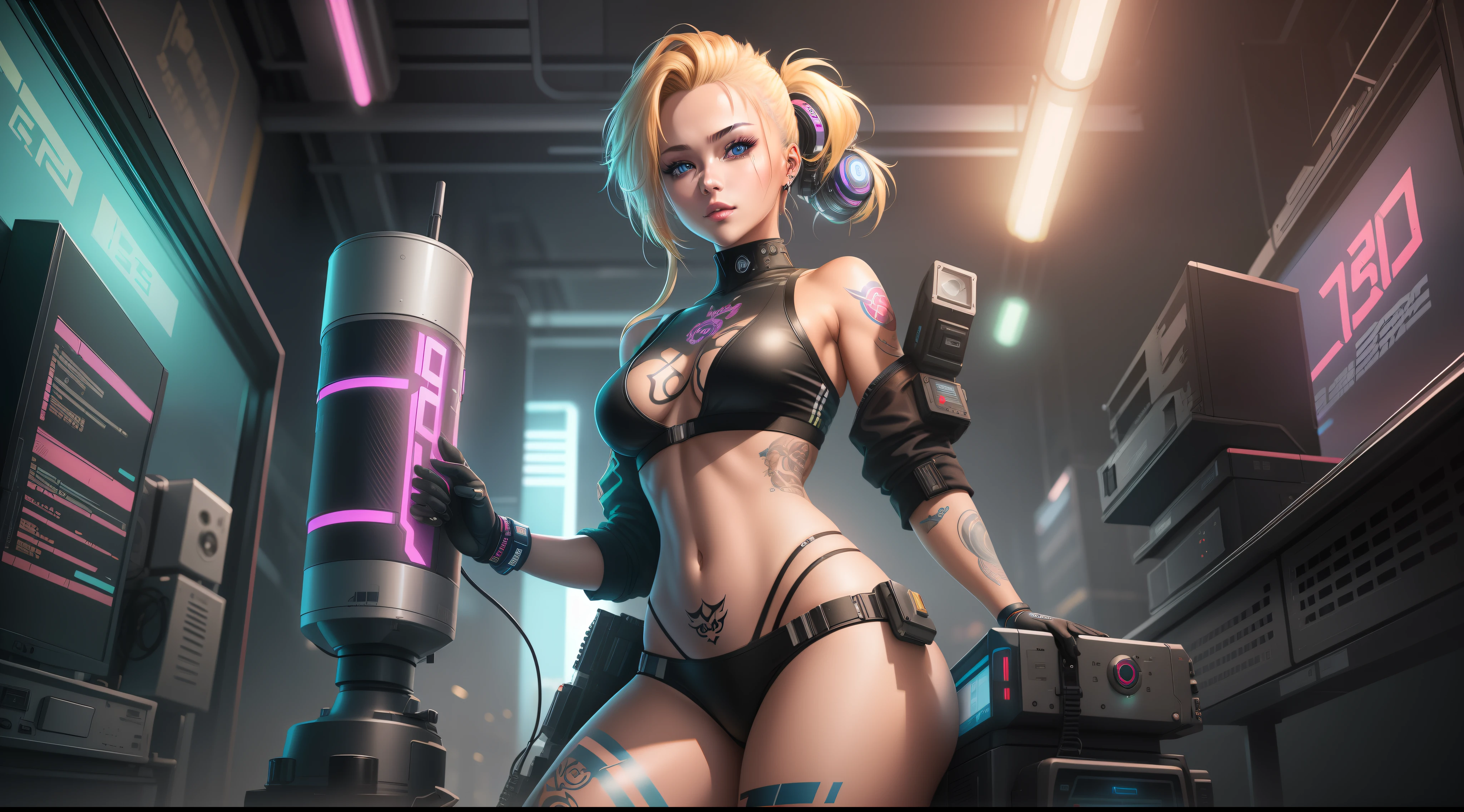 "Artistic Image, The center of this scene is a cyberpunk cyborg, full body portrait with striking blonde hair, highlights, blue eyes. She is seen amidst her high-tech environment, adorned with Japanese Tattoo art, navel piercing. The image should be a blend of digital illustration and anime, featuring a level of detail that brings the character and scene to life. The hacker's anatomy is athletic, capturing the essence of both freedom and soul. Drawing inspiration from Masamune Shirow, the illustration features sharp focus, smooth transitions, and an underlying watercolor aesthetic. The environment is filled with digital screens and neon lights, adding to the cyberpunk atmosphere.", 35mm, Medium Shot, Studio Lighting, Highly Detailed, Octane Render