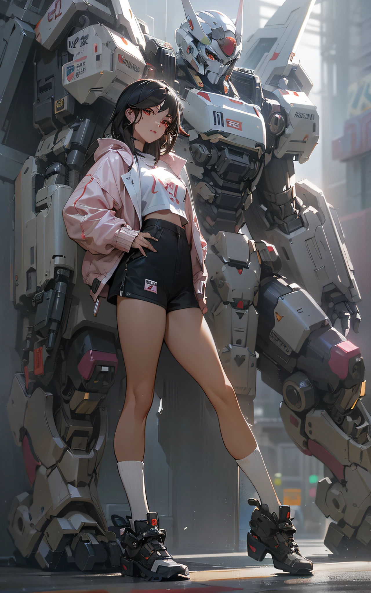 anime girl in short shorts and jacket standing next to giant robot, artwork in the style of guweiz, cyberpunk anime girl mech, trending on cgstation, guweiz, by Russell Dongjun Lu, digital cyberpunk anime art, guweiz on artstation pixiv, ross tran 8 k, girl in mecha cyber armor