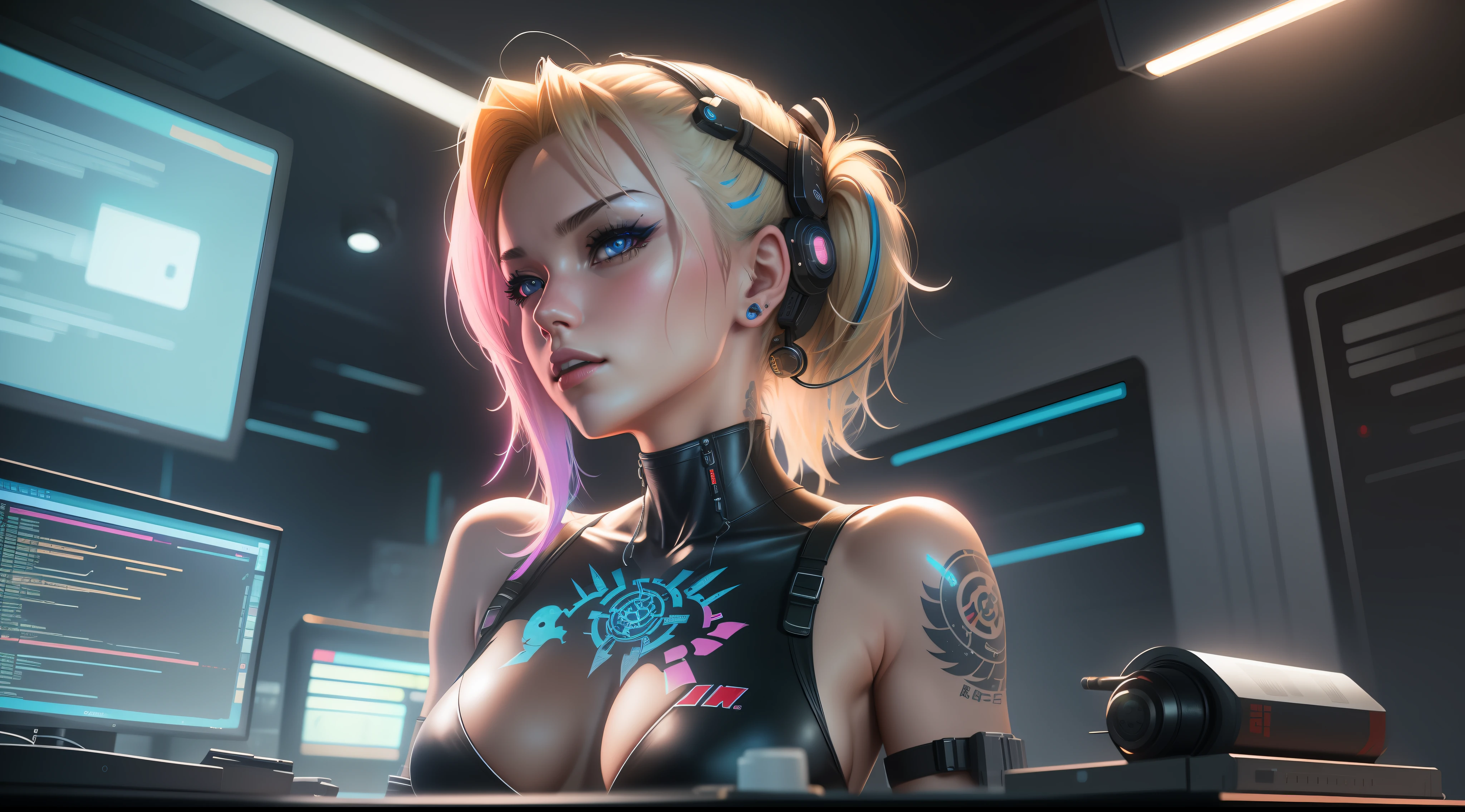 "Artistic Image, The center of this scene is a cyberpunk cyborg, full body portrait with striking blonde hair, highlights, blue eyes. She is seen amidst her high-tech environment, adorned with Japanese Tattoo art, navel piercing. The image should be a blend of digital illustration and anime, featuring a level of detail that brings the character and scene to life. The hacker's anatomy is athletic, capturing the essence of both freedom and soul. Drawing inspiration from Masamune Shirow, the illustration features sharp focus, smooth transitions, and an underlying watercolor aesthetic. The environment is filled with digital screens and neon lights, adding to the cyberpunk atmosphere.", 35mm, Medium Shot, Studio Lighting, Highly Detailed, Octane Render