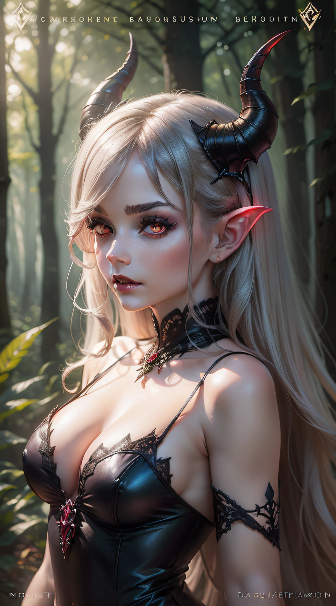 (a beautiful succubus + beautiful dress:1.2) in the forest, with horns, red eyes, lots of fog, magical lighting, dark bright intensity, dark and subtle magic