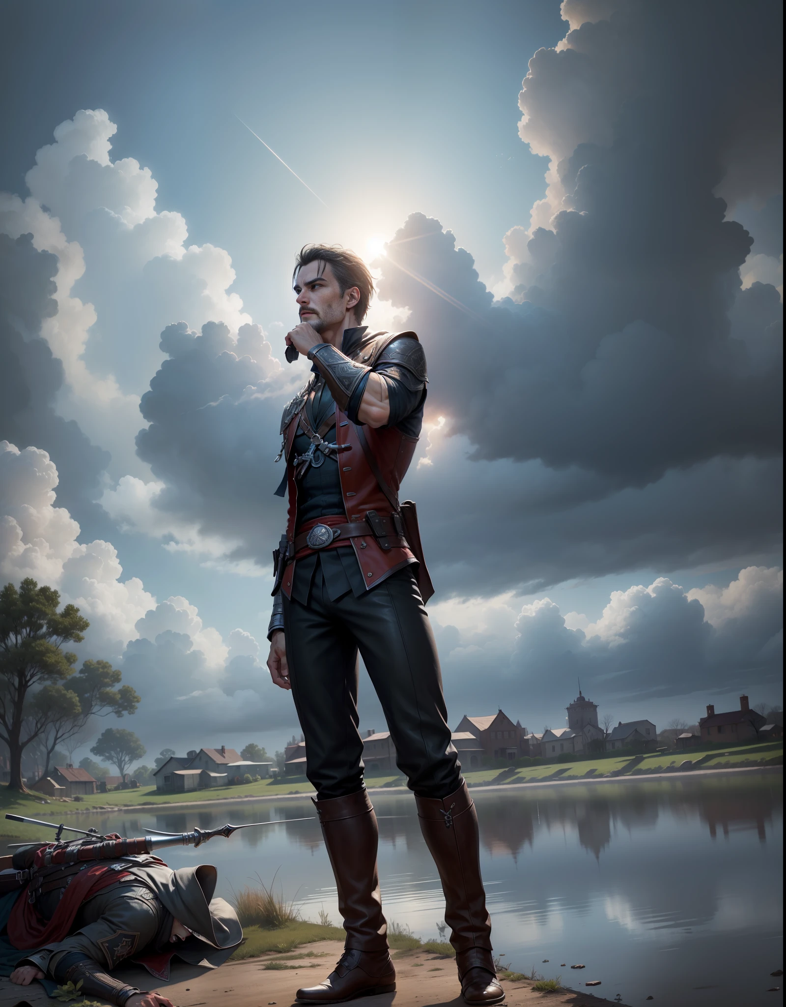 (realistic, highres, ultra detailed), 1 male, young face, no beard, mature, manly, tall muscular, handsome, finely detailed eyes, intricate details, portrait, looking at viewer, solo, (full body:1), detailed background, assassins creed, master assassin, black rugged leather assassin clothes, short sword in hand, hood, capelet, leather pouches, rebel, dynamic pose, fighting, detailed background, Texas, house, town, sparks, sewers in background, dirt, roof, wood box, horse, cowboys, golden land, --auto --s2