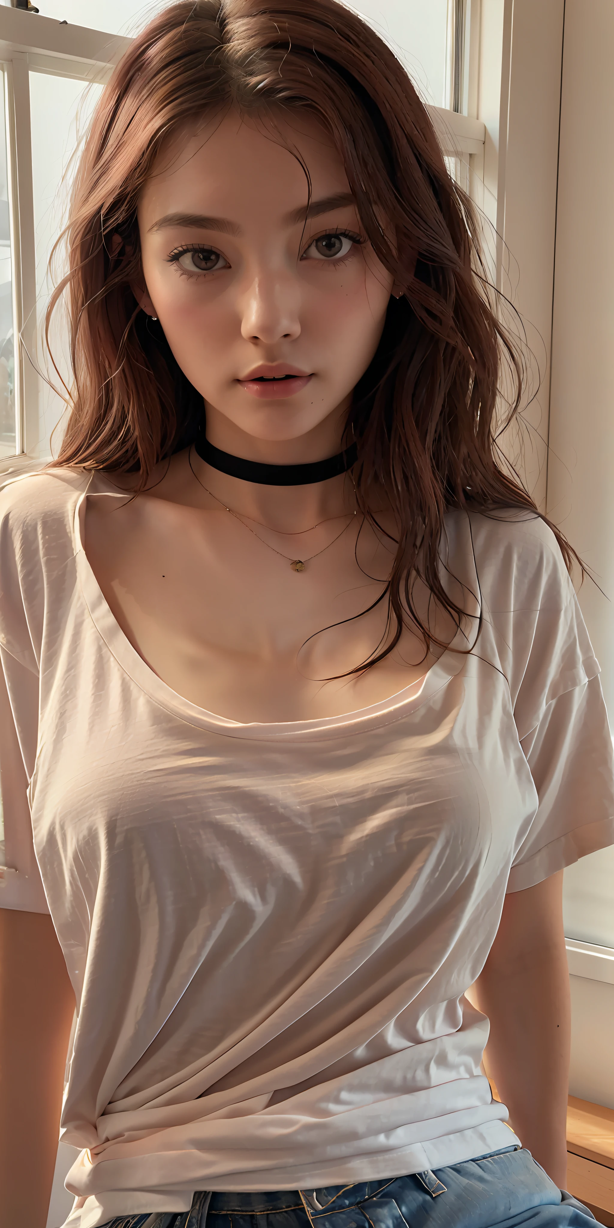 (highest resolution, distinct_image) The best quality, a woman, masterpiece, highly detailed, realistic, 21 years old, young, beautiful, naked oversized t-shirt, shirt tug, collar on neck, indoors, modern bedroom, window, waking up, morning, (blushing:1.2), head lay low