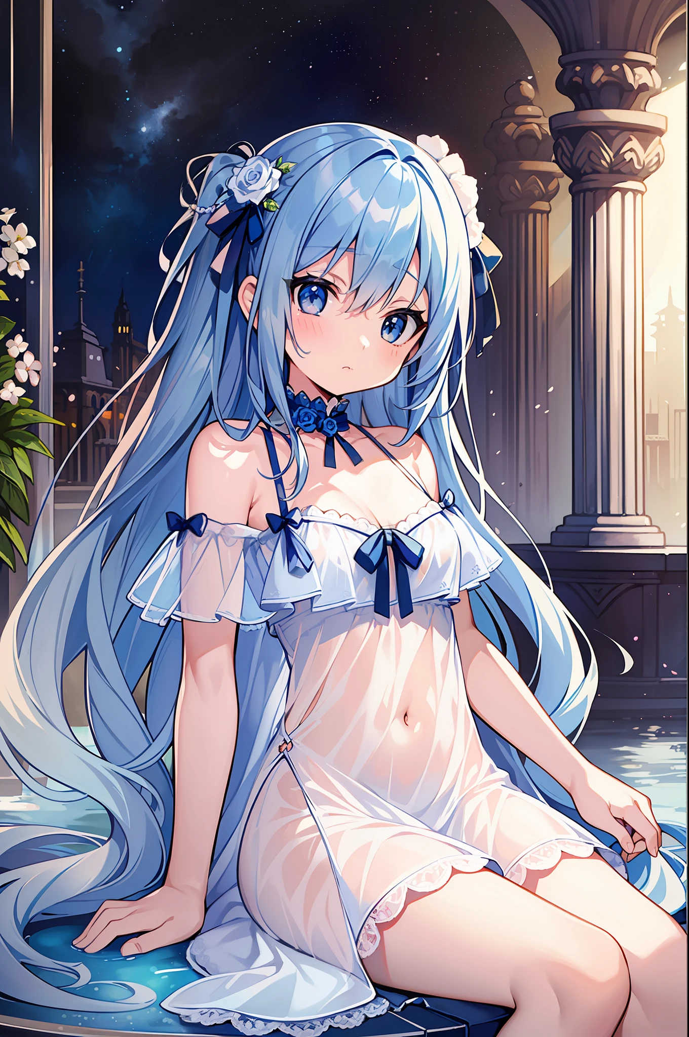 (MASTERPIECE), (Best Quality), (Super Detail), Official Art, One Girl, Lori with Pale Light Blue Hair, Petite  Girl, Loli, Blue and Silver See-Through Dress, Sleeveless, Off Shoulder, Small, Very Small Breasts, Small, Cleavage, Thigh Focus, Navel Out, The Lower Half of the Chest Is Bare Skin, Card Illustration, Sacred Fountain