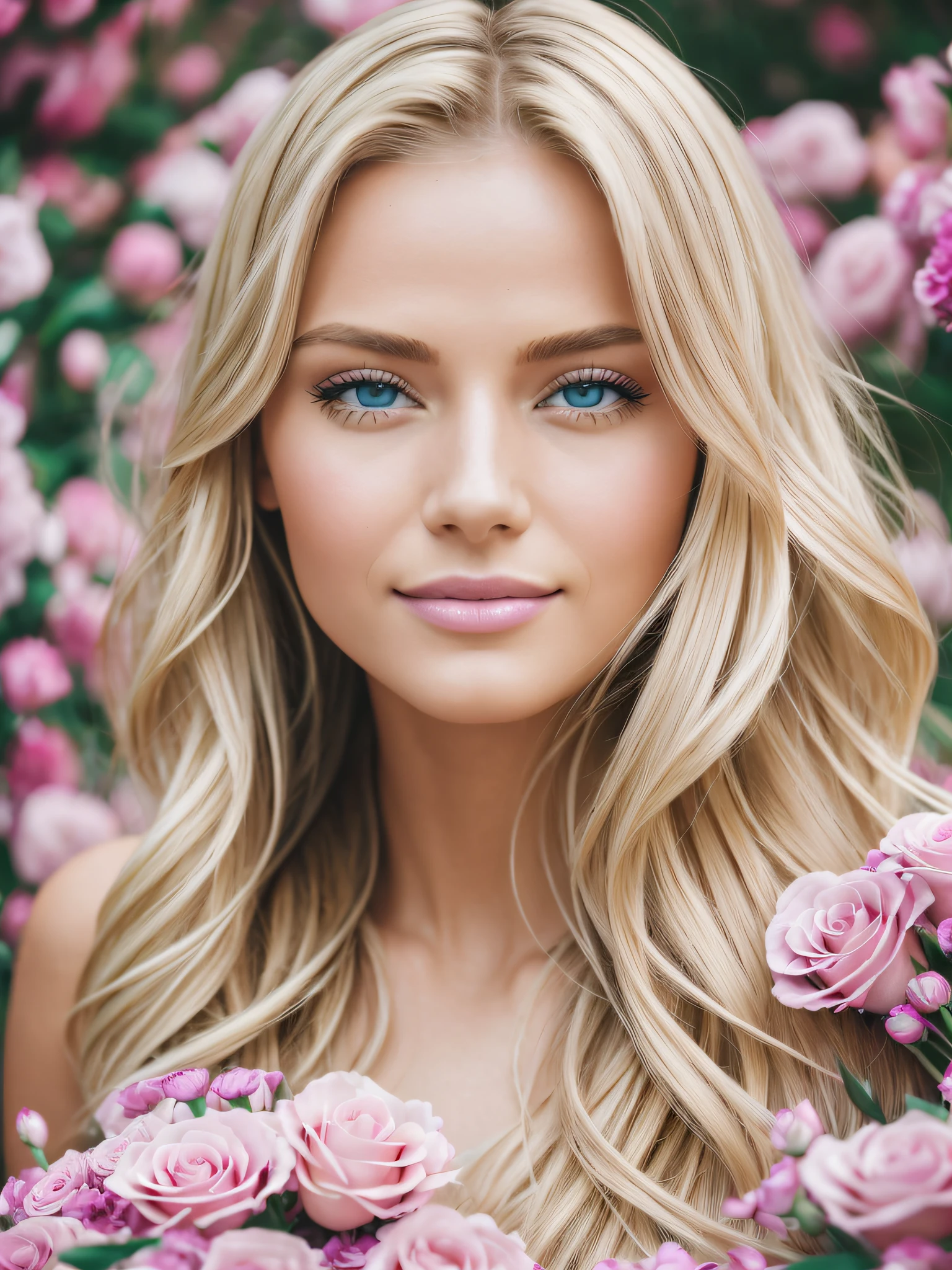 Perfect colors and sharpness, (masterpiece, best quality:1.4), close-up, beautiful face, light blonde long hair, wavy beautiful hair, woman, perfect clear eyes, looking at the viewer, perfect teeth, smirk, embedded in a sea of stunning flowers, (pink sea of flowers), (highly detailed skin texture), mother Gaya, 8K, RAW, high-quality, high-resolution image, fashion magazine, advertising photography, Canon M50
