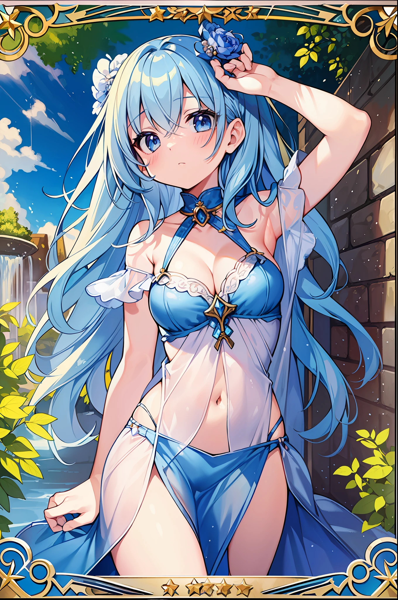 (MASTERPIECE), (Best Quality), (Super Detail), Official Art, One Girl, Lori with Pale Light Blue Hair, Petite , Loli, Blue Silver See-Through Dress, Sleeveless, Off Shoulder, Small, Very Small Breasts, Small, Cleavage, Thigh Focus, Navel Out, The Lower Half of the Chest Is Bare Skin, Card Illustration, Sacred Fountain