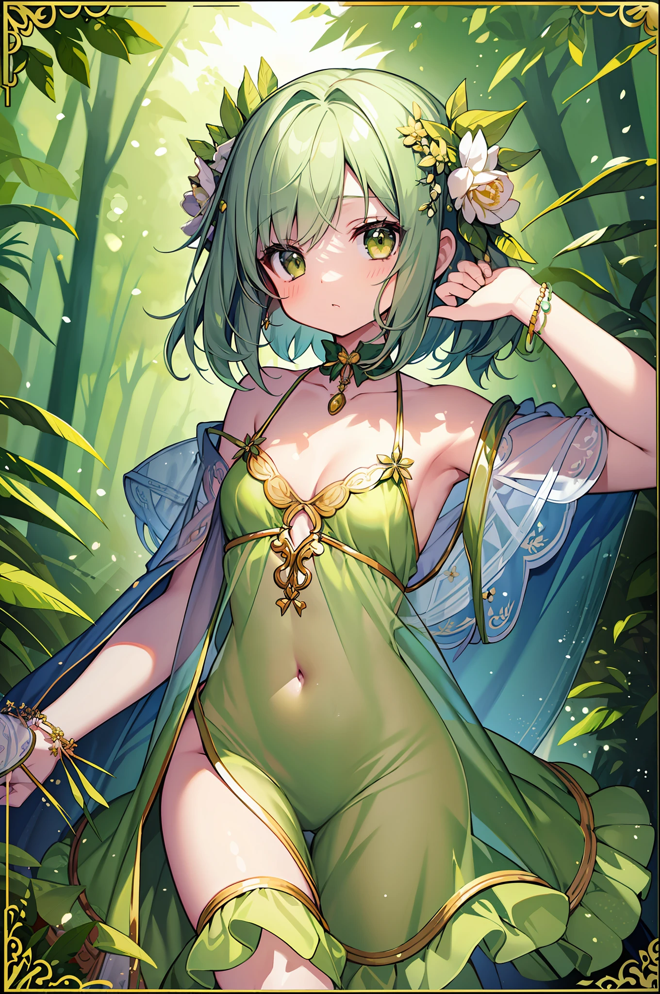 (MASTERPIECE), (Best Quality), (Super Detail), Official Art, One Girl, Lori with Pale Green Hair, Petite ***********, ****, Green and Gold and Silver See-Through Dress, Sleeveless, Off Shoulder, Small, Very Small, Small, Cleavage, Thigh Focus, Navel Out, Bare Skin in the Lower Half of the Chest, Card Illustration, Deep Forest